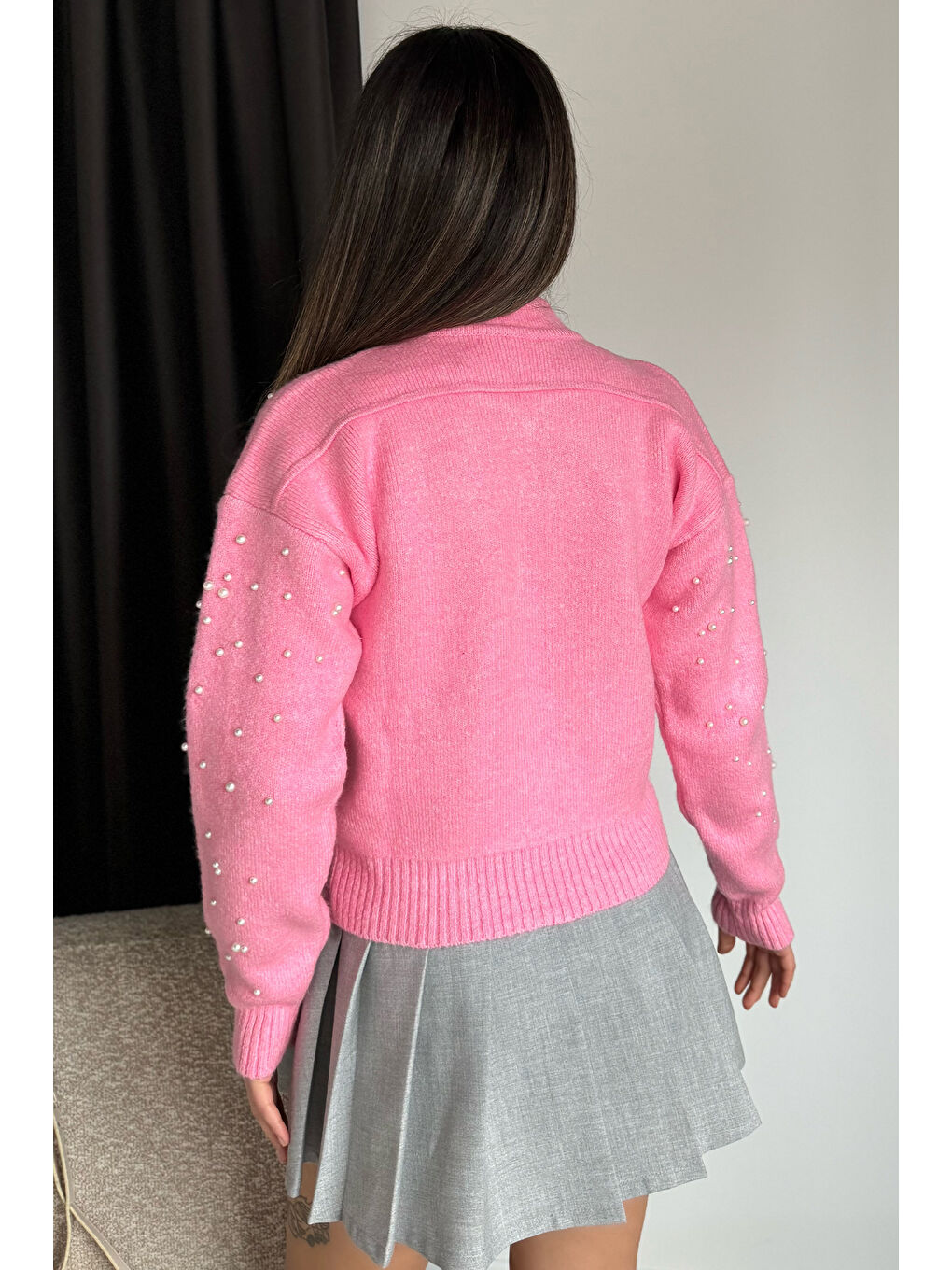 Pembe Modern Tasarımlı İnci Baskılı Fermuarlı Kadın Ceket Hırka (s-m-l Beden Uyumludur)-3