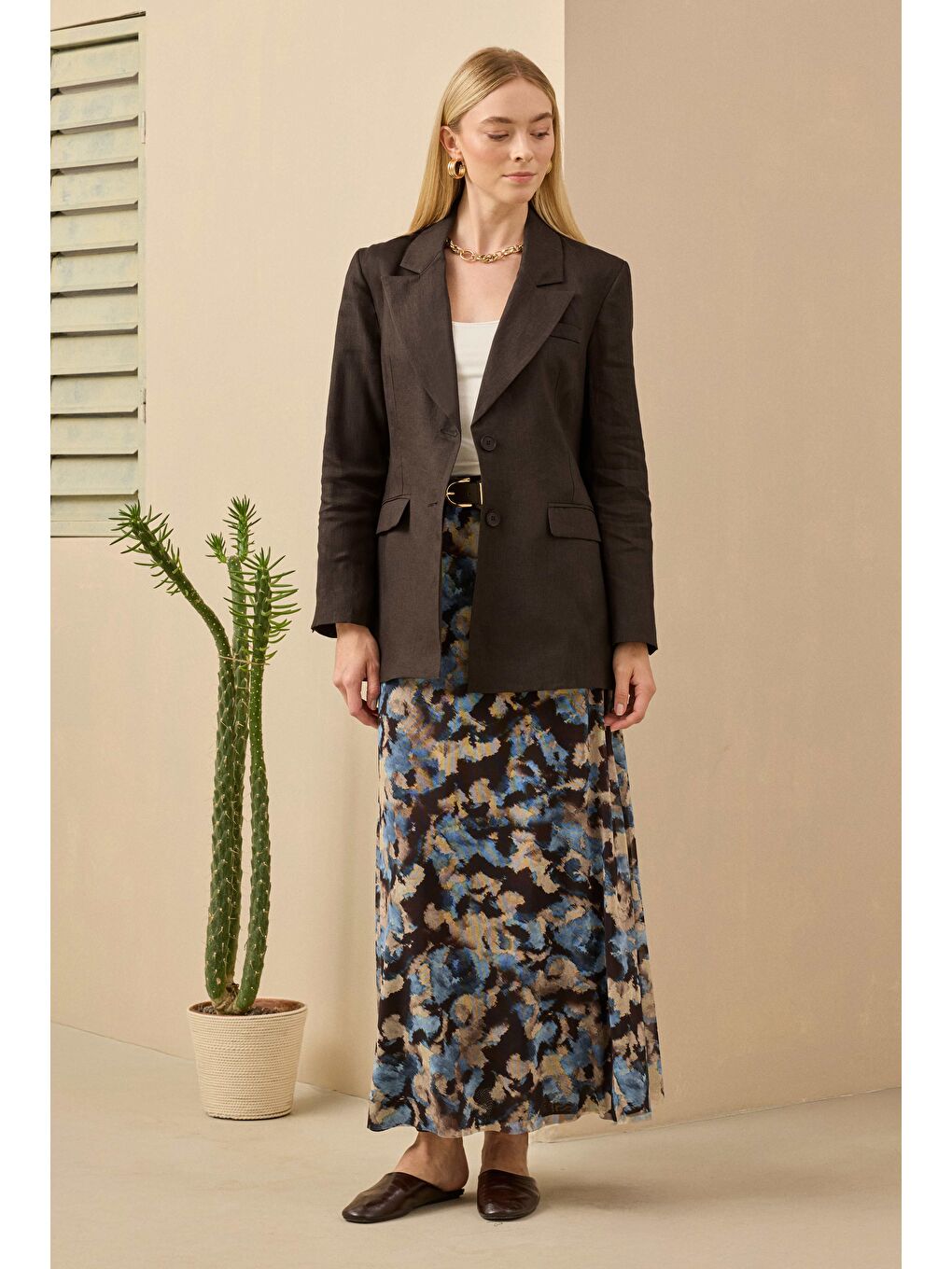 Kahverengi Keten Belden Oturtmalı Ceket Acı Kahve-2