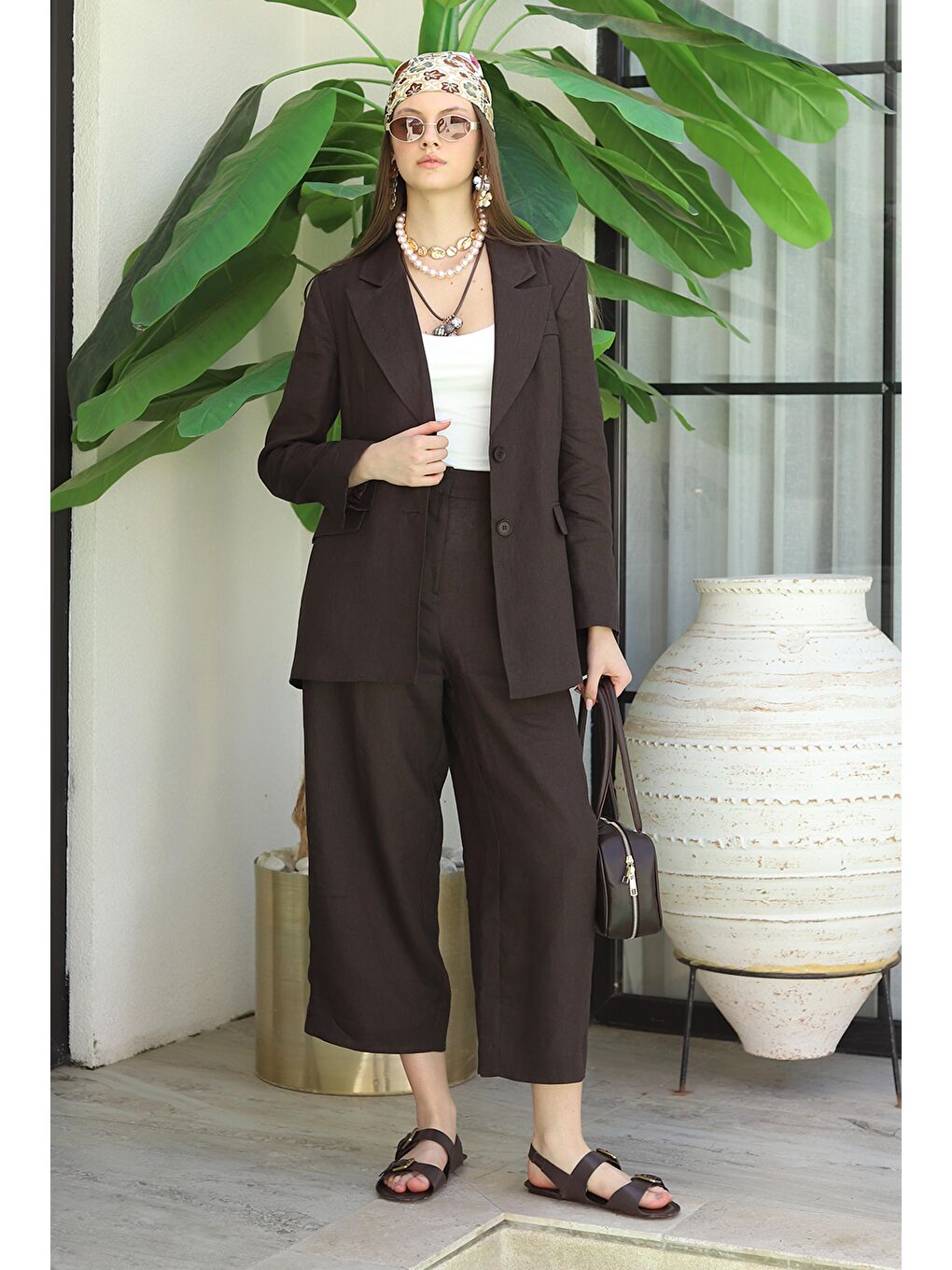 Kahverengi Keten Belden Oturtmalı Ceket Acı Kahve-3