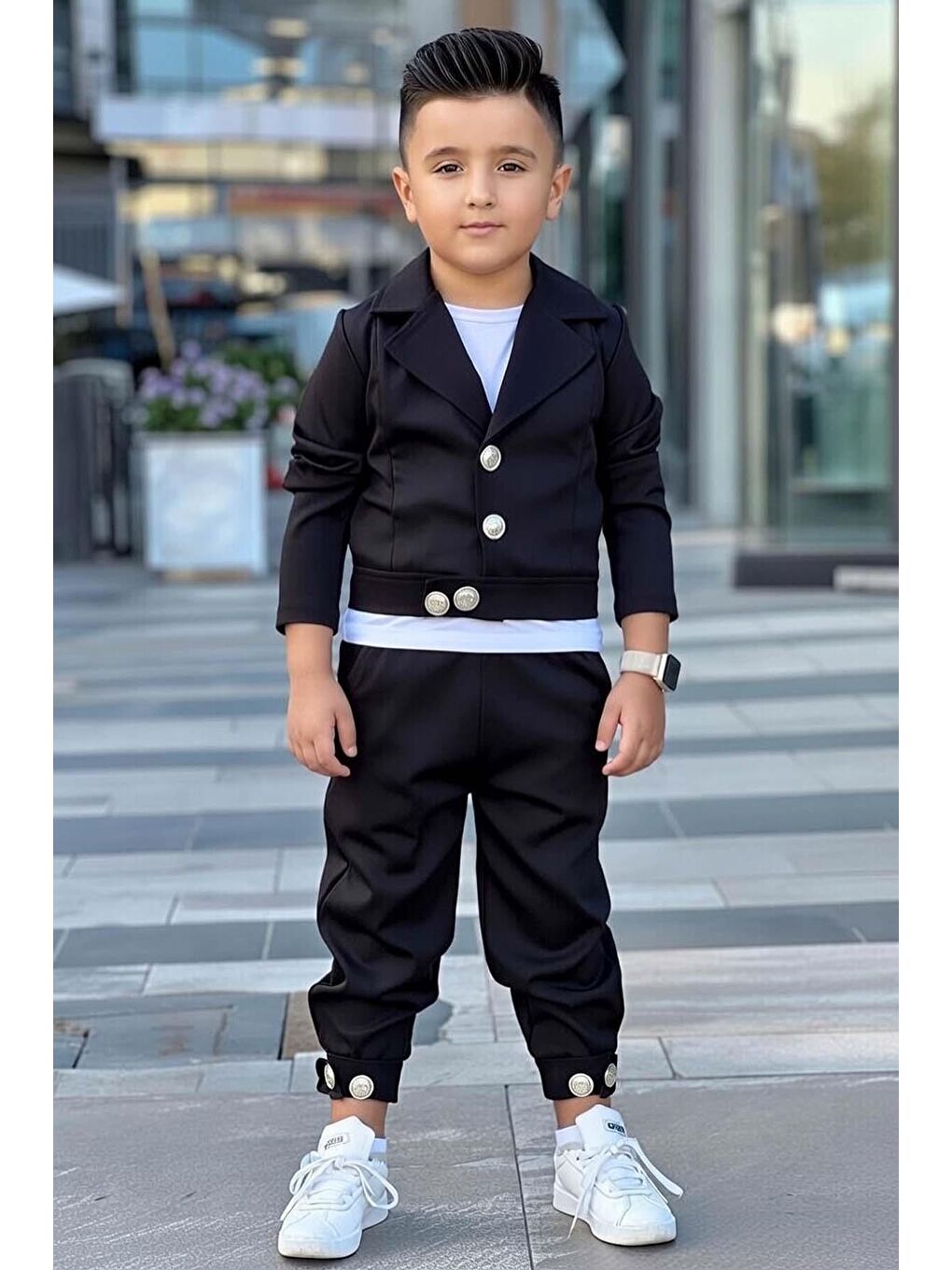 Erkek Çocuk Gold Düğme Detaylı Penye Ceket Dar Kesim Pantolon Siyah Alt Üst Takım-2