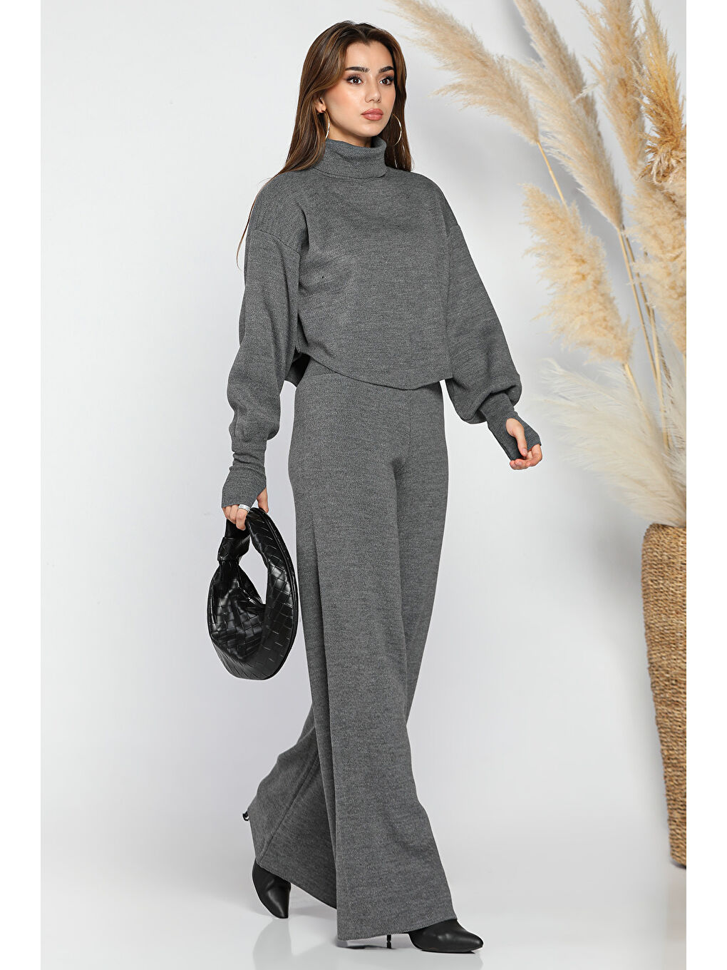 Antrasit Crop Kazak Pantolon Triko İkili Takım-1