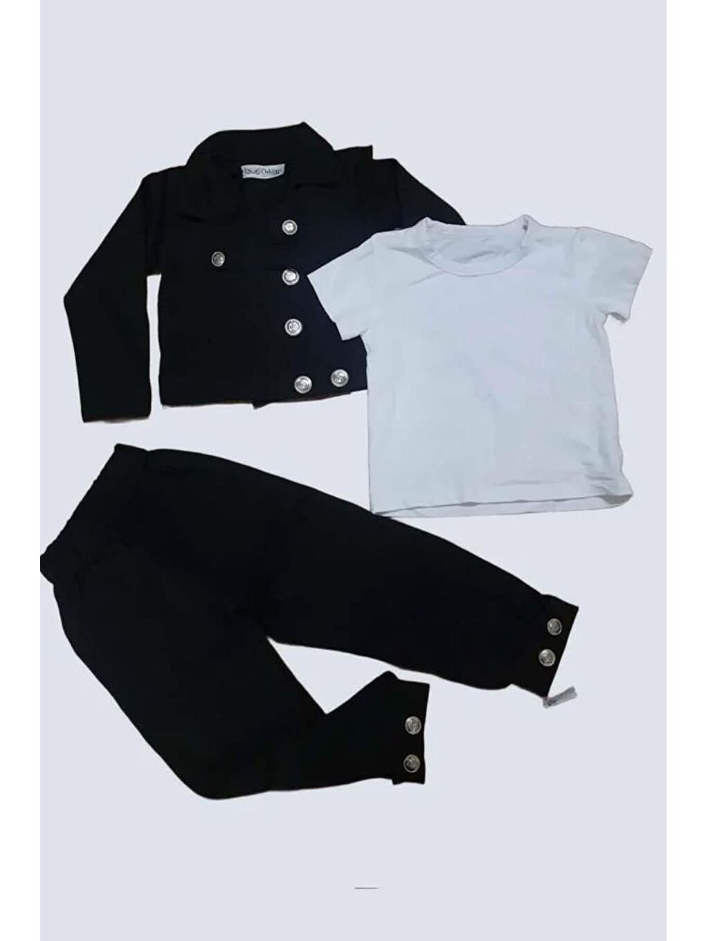 Erkek Çocuk Gold Düğme Detaylı Penye Ceket Dar Kesim Pantolon Siyah Alt Üst Takım-3