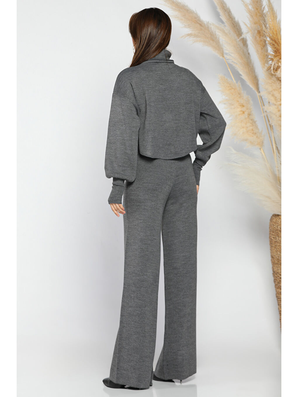 Antrasit Crop Kazak Pantolon Triko İkili Takım-2