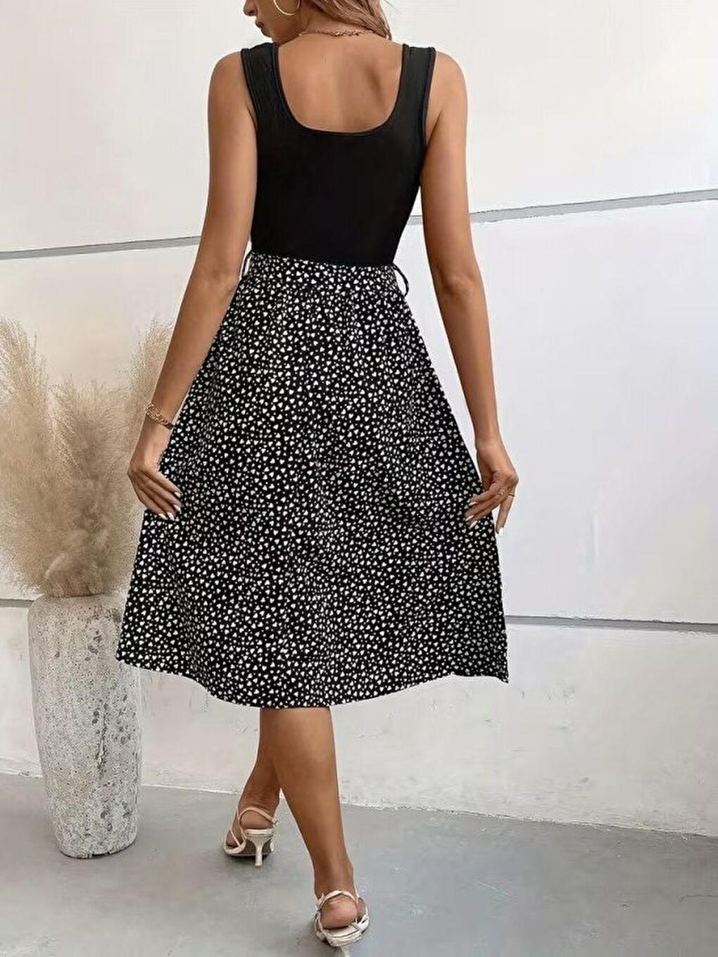 Siyah Kadın Askılı Yuvarlak Yakalı üst Viskon Alt Süprem Kısa Elbise-2