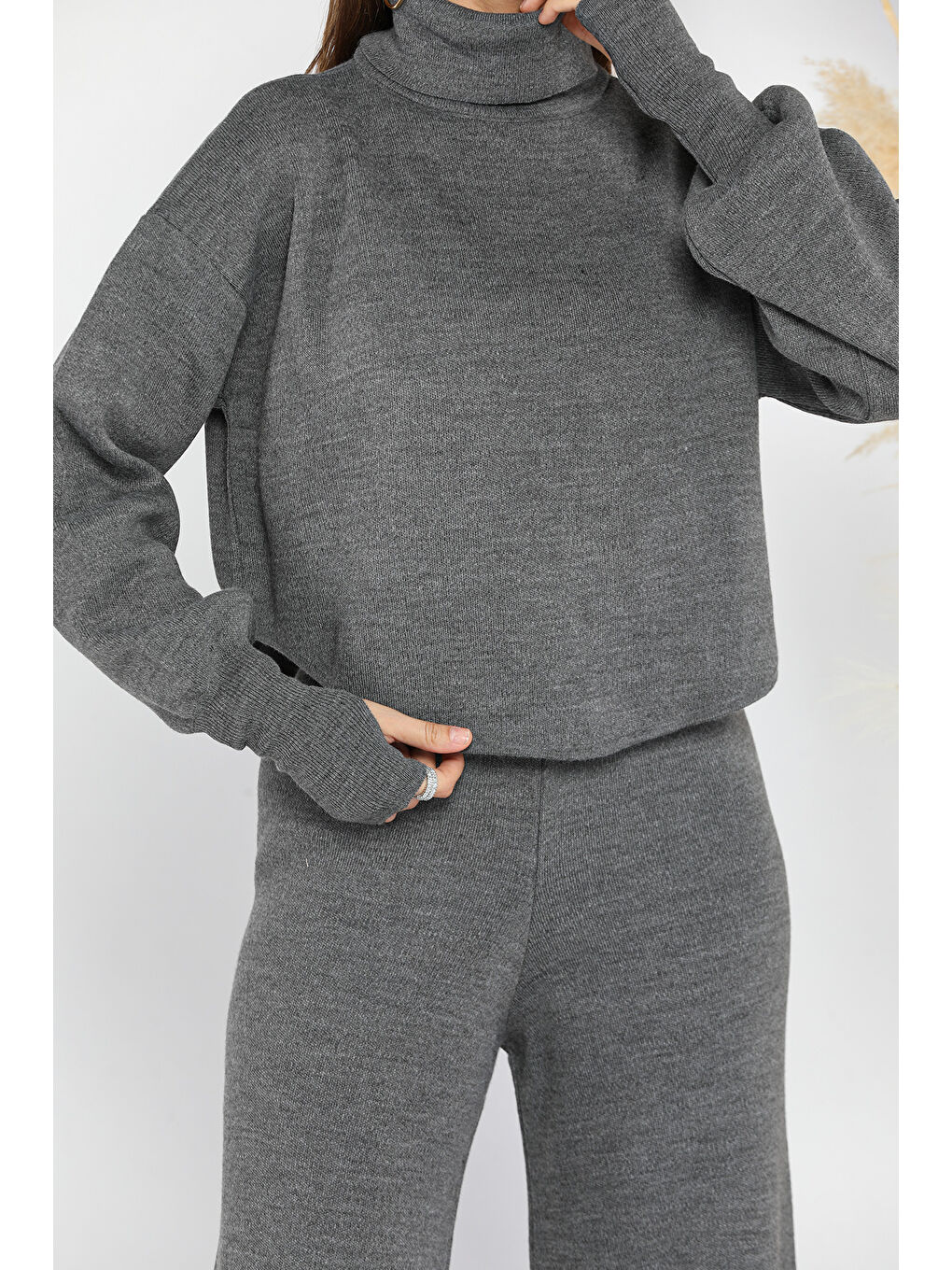 Antrasit Crop Kazak Pantolon Triko İkili Takım-3