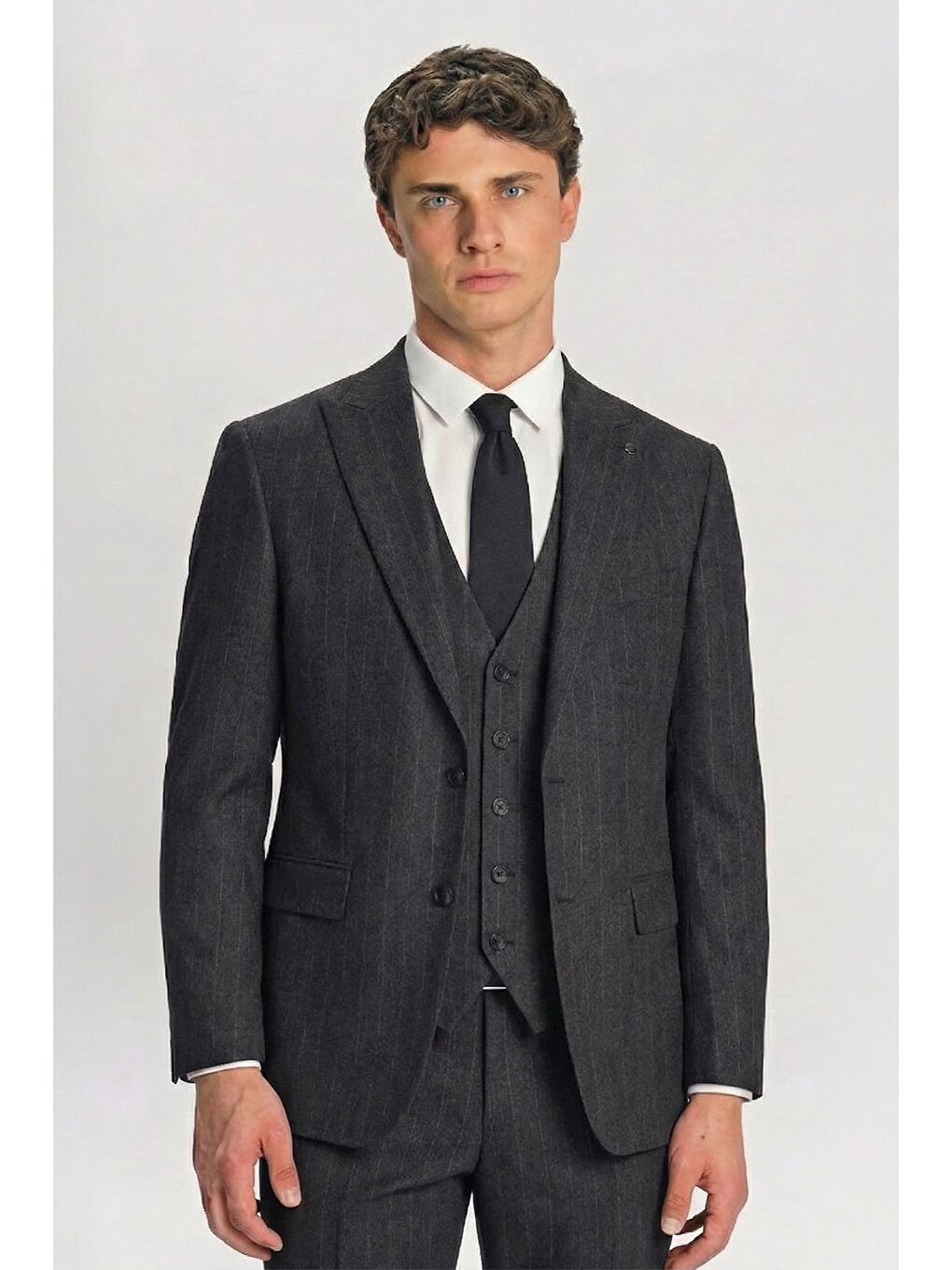 Giotelli Antrasit Yelekli Çizgili Sivri Yaka Roma Kalıp 6 Drop Tam Astarlı Erkek Takım Elbise