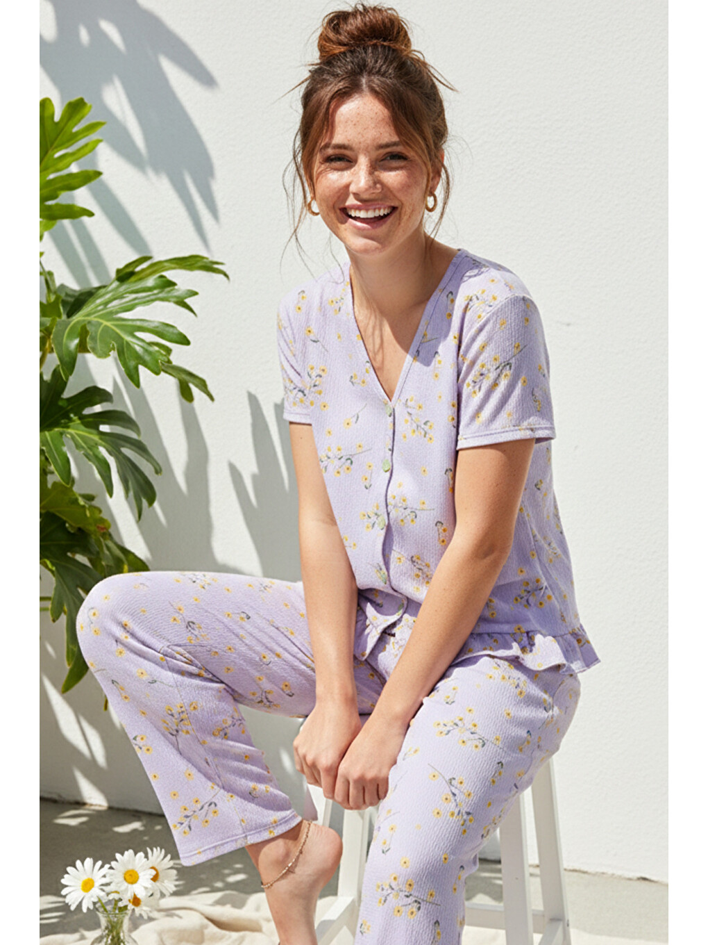 Lila Çiçek Desenli Bürümcük-krınkıl Kısa Kollu Düğmeli Örme Pijama Takım 26120526