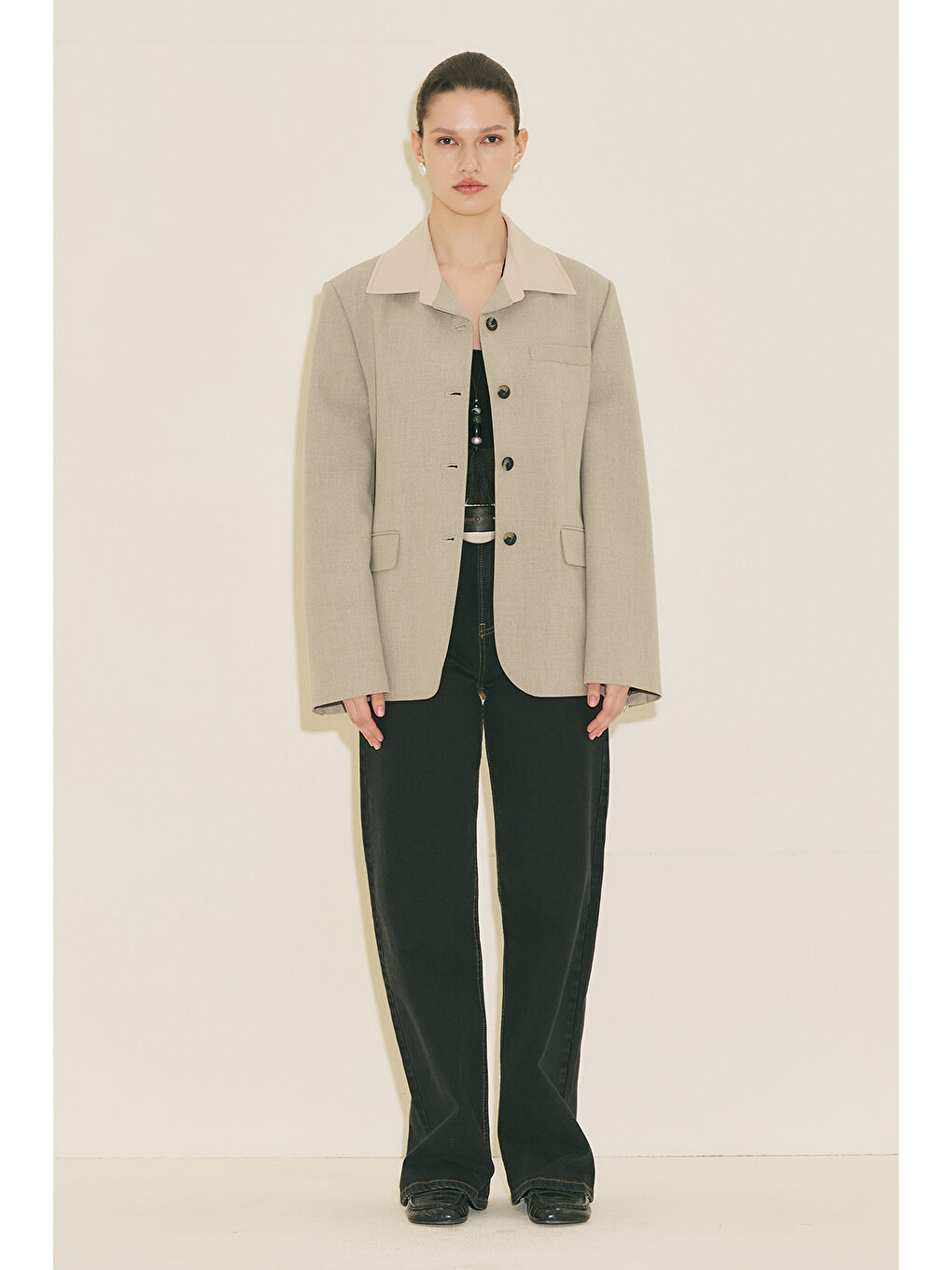 Bej Kontrast Yakalı Tasarım Blazer Ceket Taş