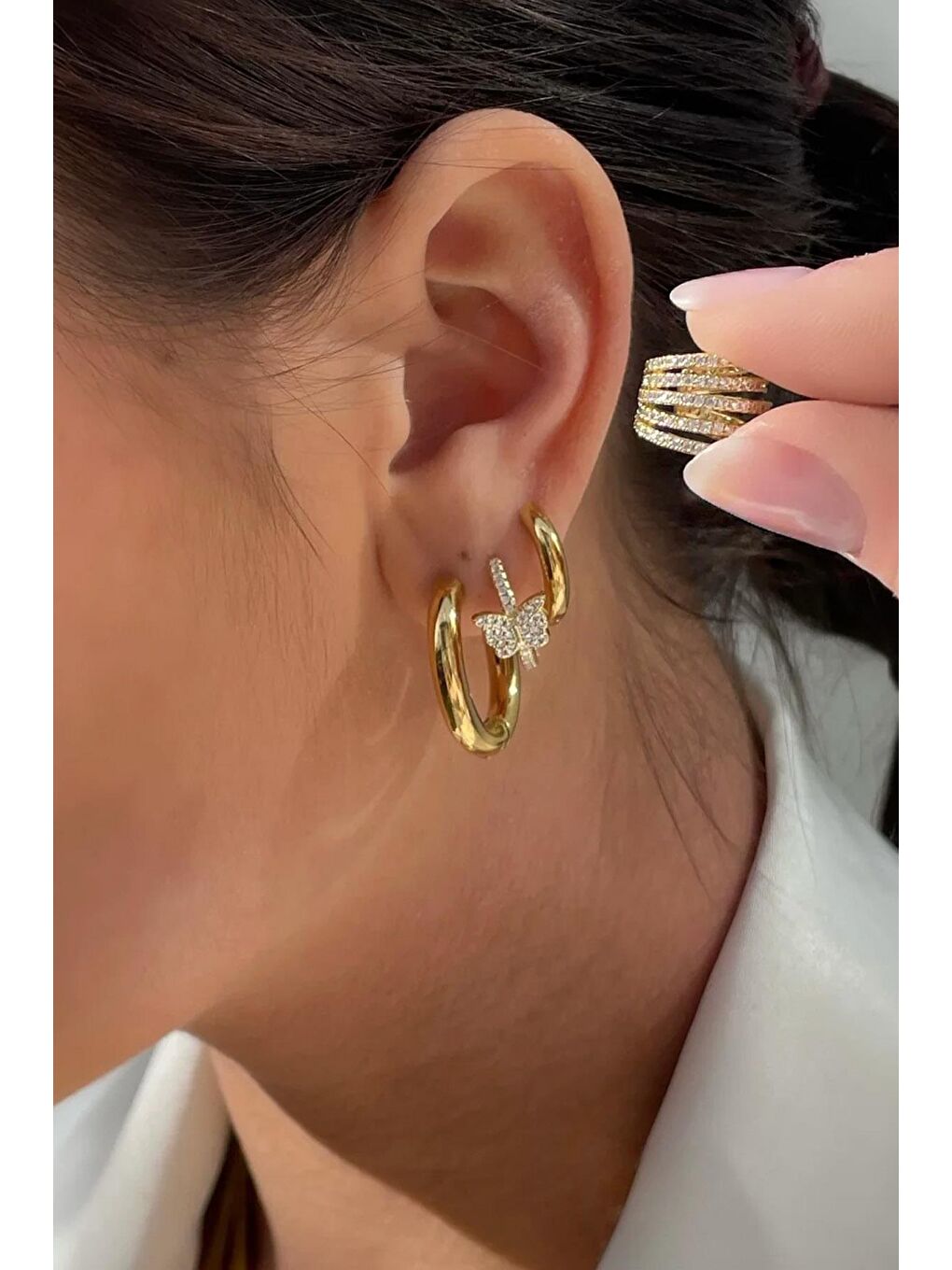 Sarı 5 Sıralı Sıkıştırmalı Kıkırdak Küpe-3