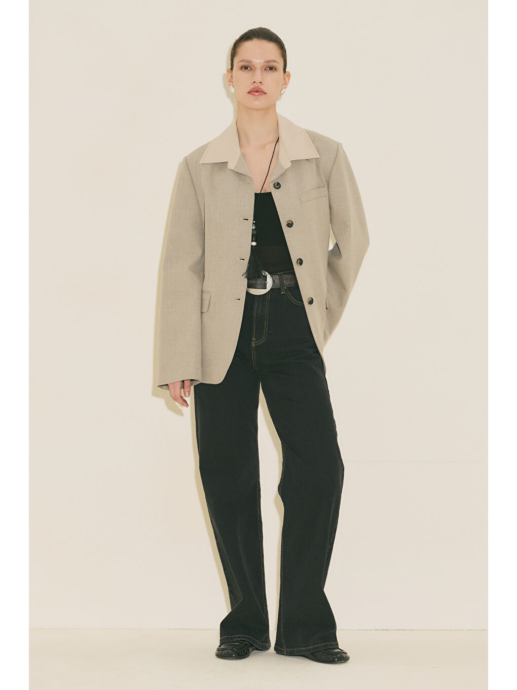 Bej Kontrast Yakalı Tasarım Blazer Ceket Taş-1