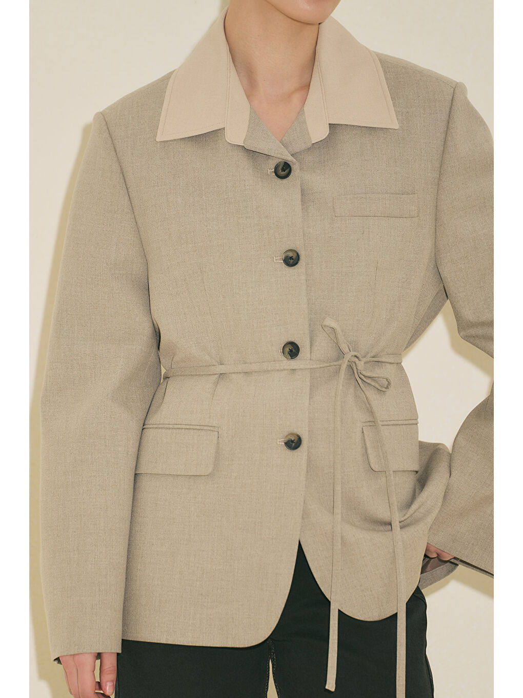 Bej Kontrast Yakalı Tasarım Blazer Ceket Taş-2