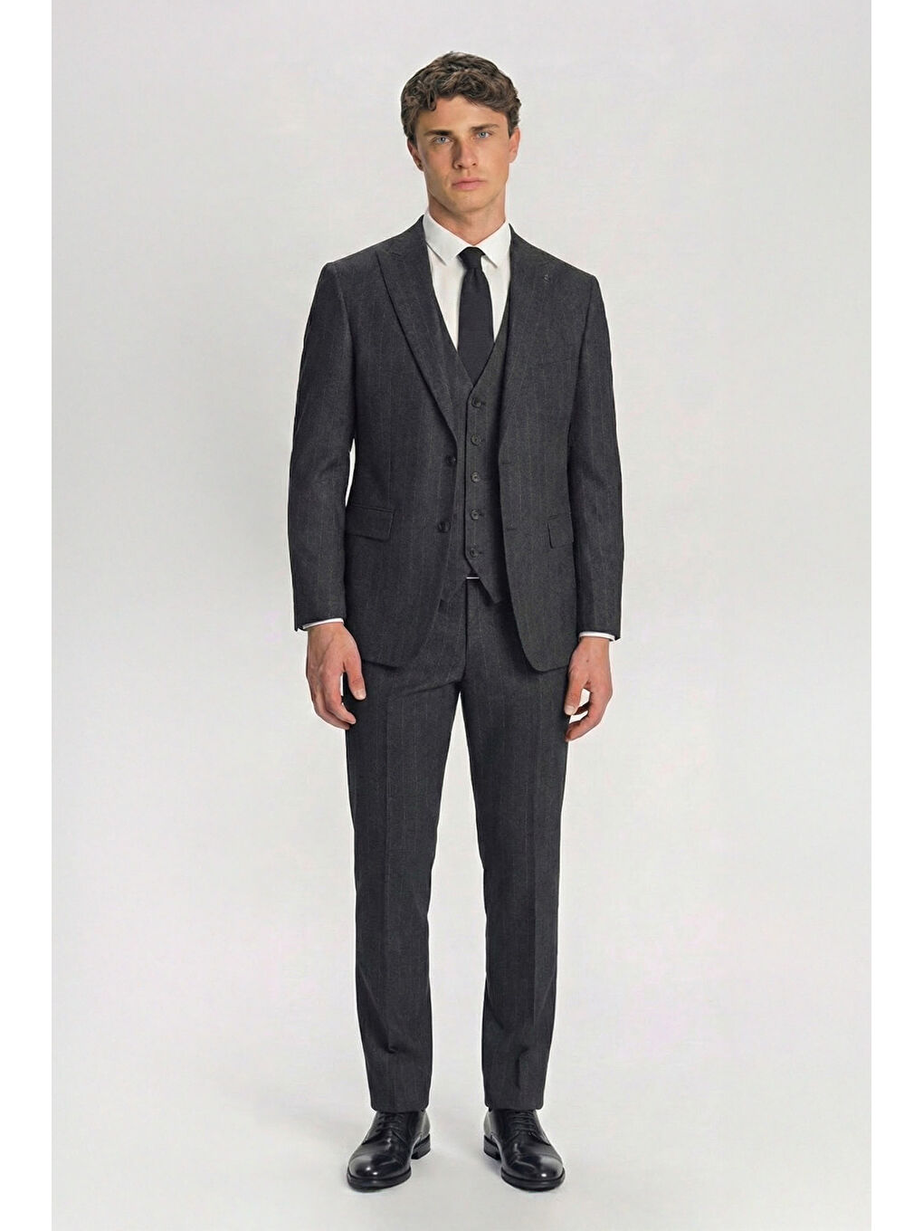 Giotelli Antrasit Yelekli Çizgili Sivri Yaka Roma Kalıp 6 Drop Tam Astarlı Erkek Takım Elbise-2