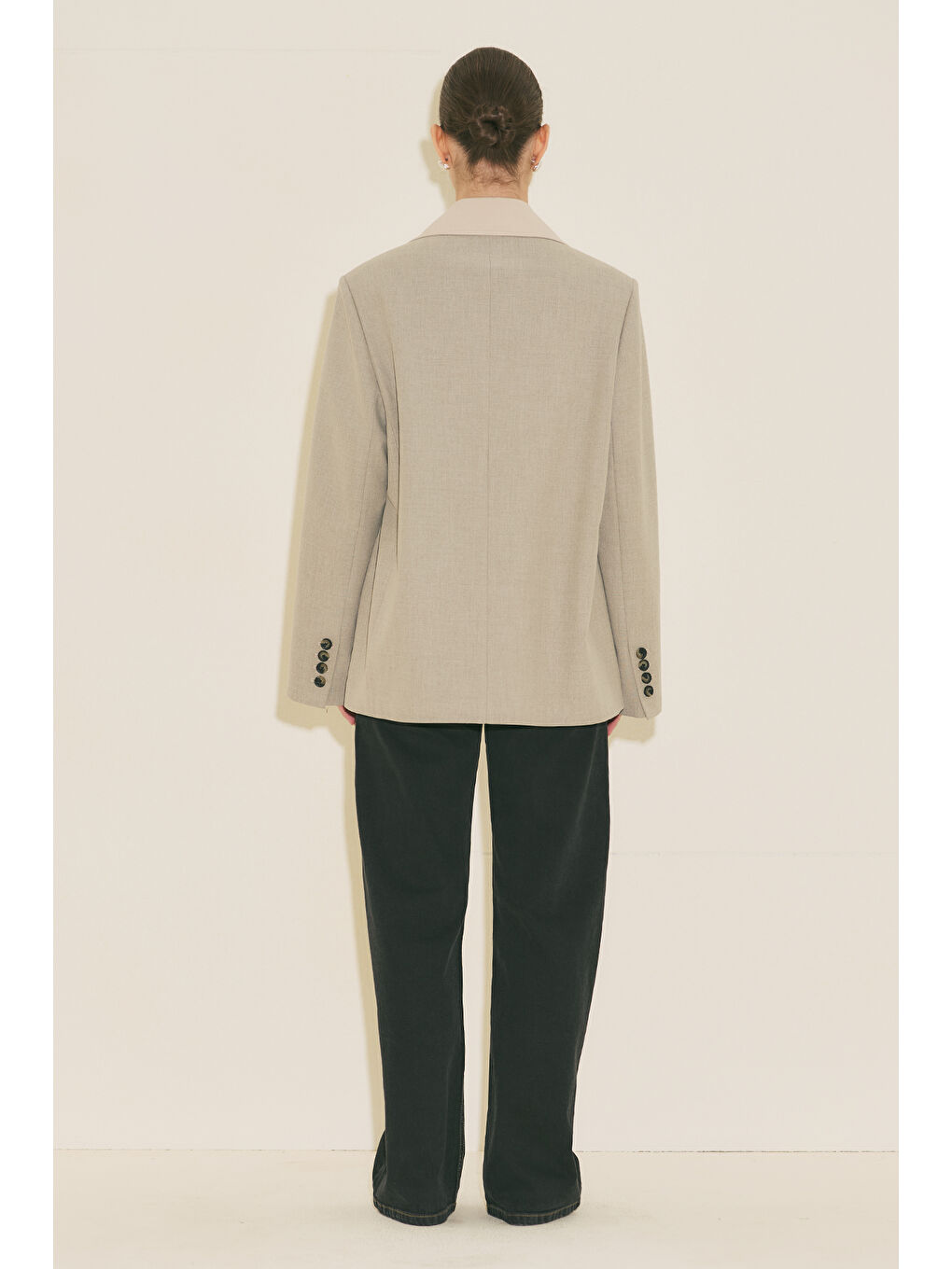 Bej Kontrast Yakalı Tasarım Blazer Ceket Taş-3