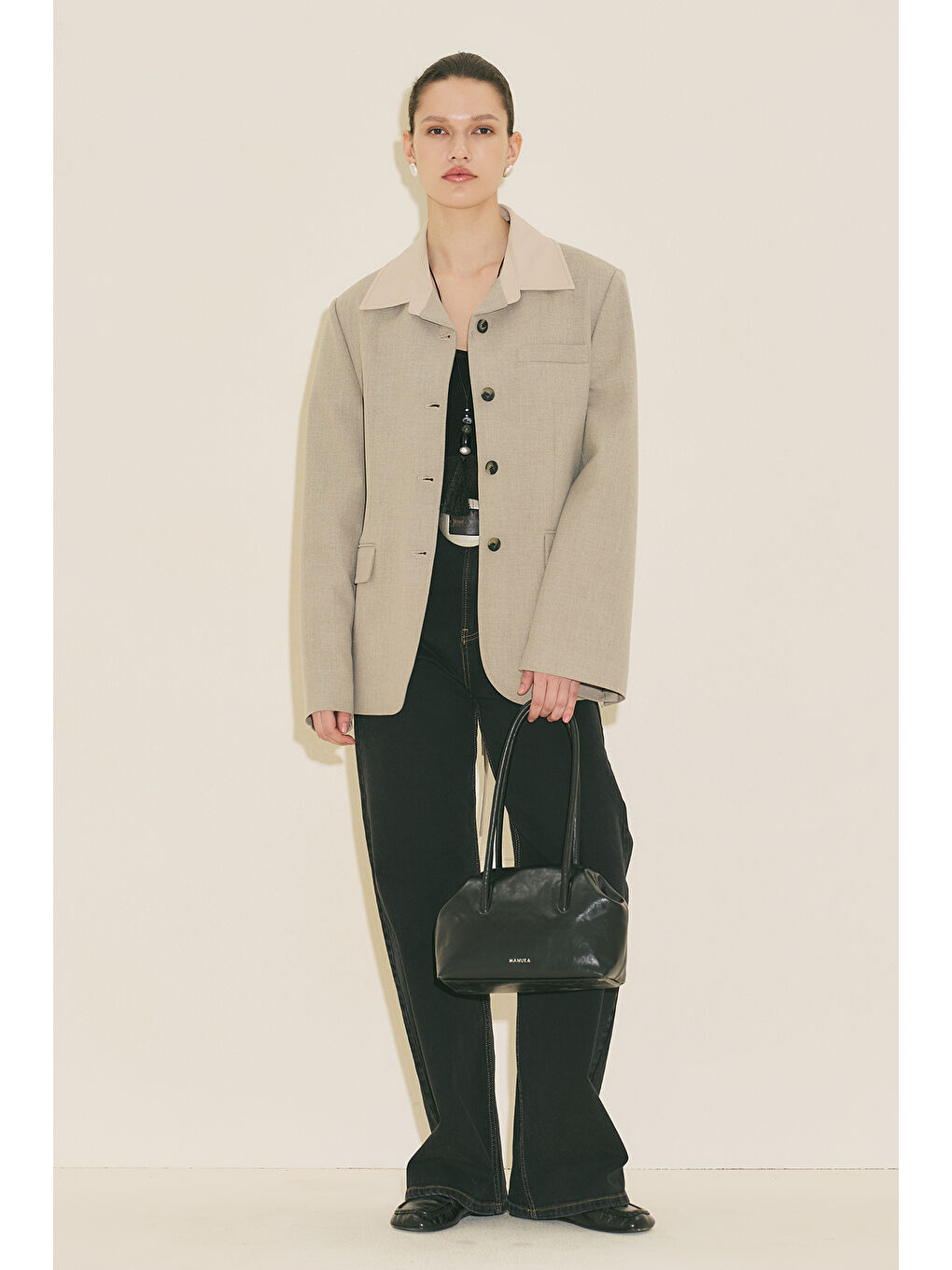 Bej Kontrast Yakalı Tasarım Blazer Ceket Taş-4