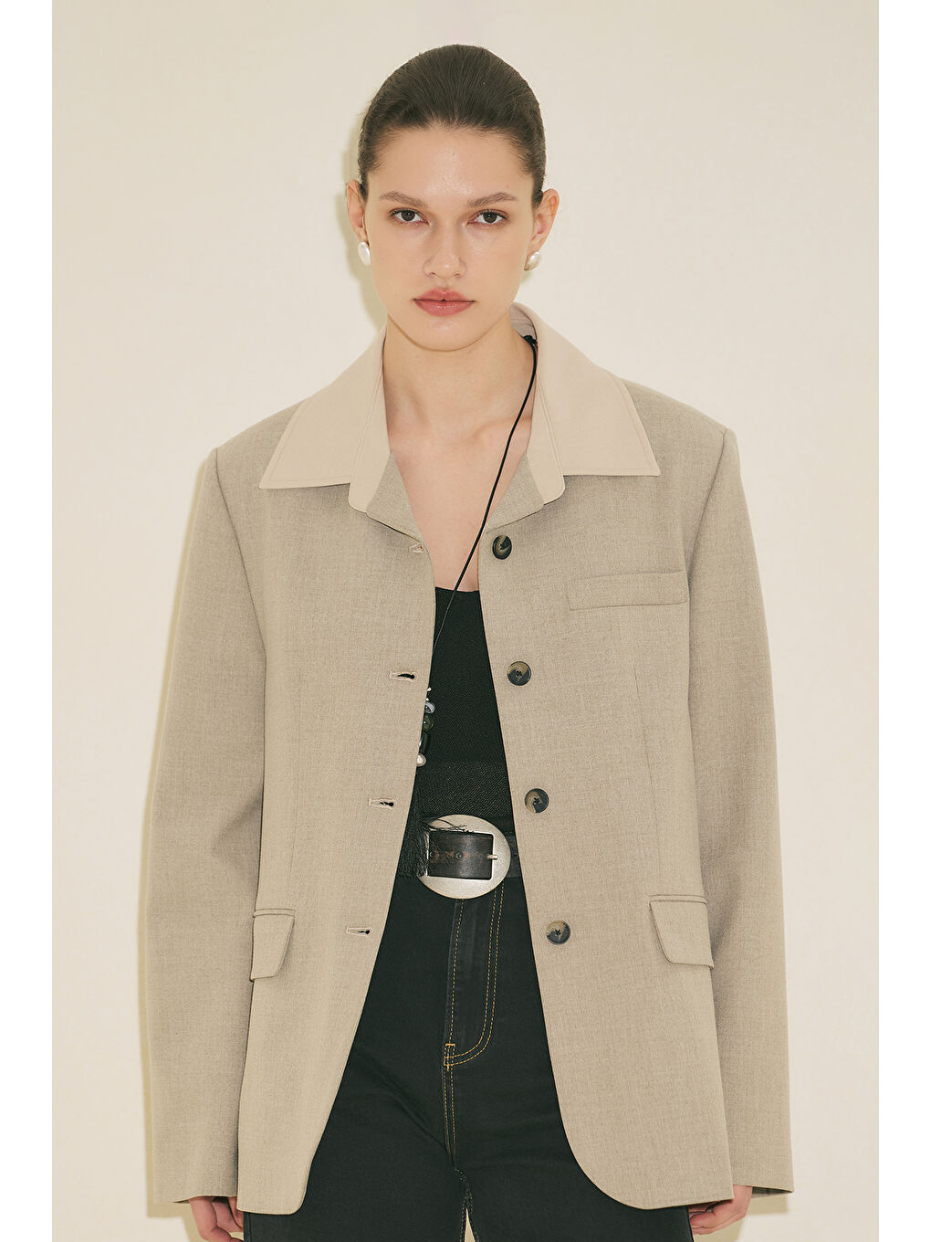 Bej Kontrast Yakalı Tasarım Blazer Ceket Taş-5