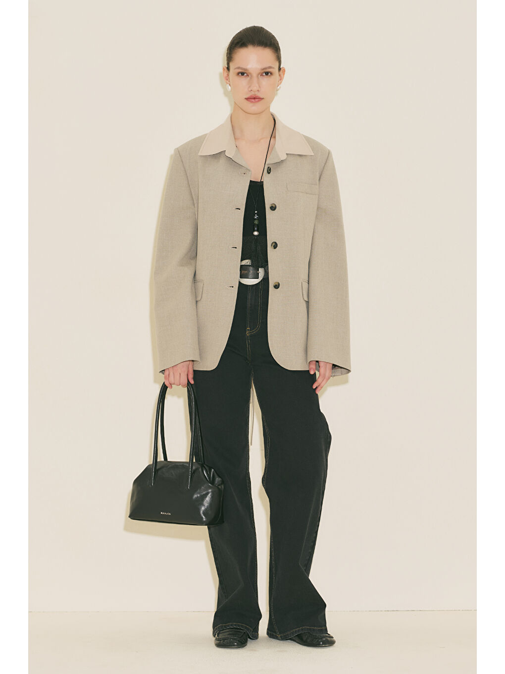 Bej Kontrast Yakalı Tasarım Blazer Ceket Taş-6