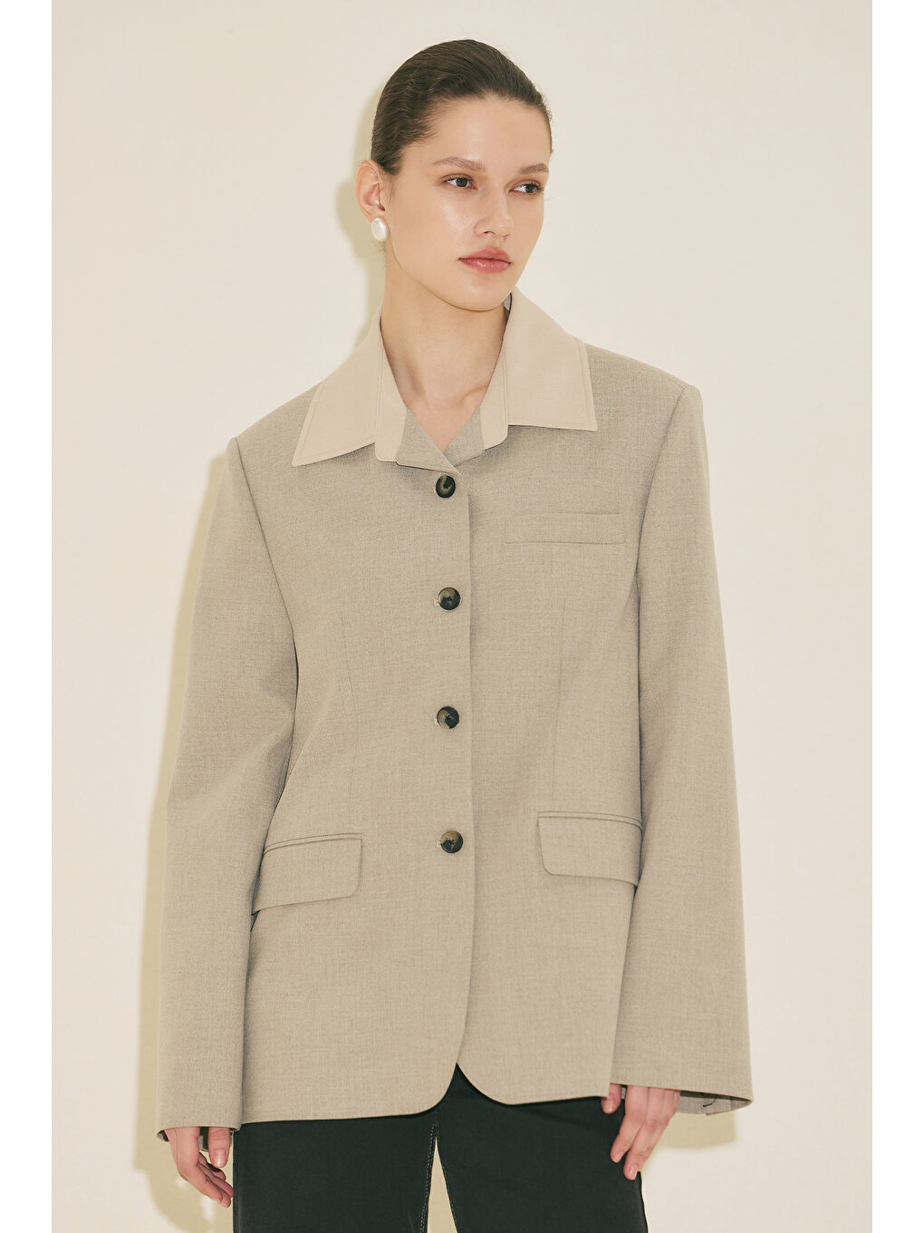 Bej Kontrast Yakalı Tasarım Blazer Ceket Taş-7