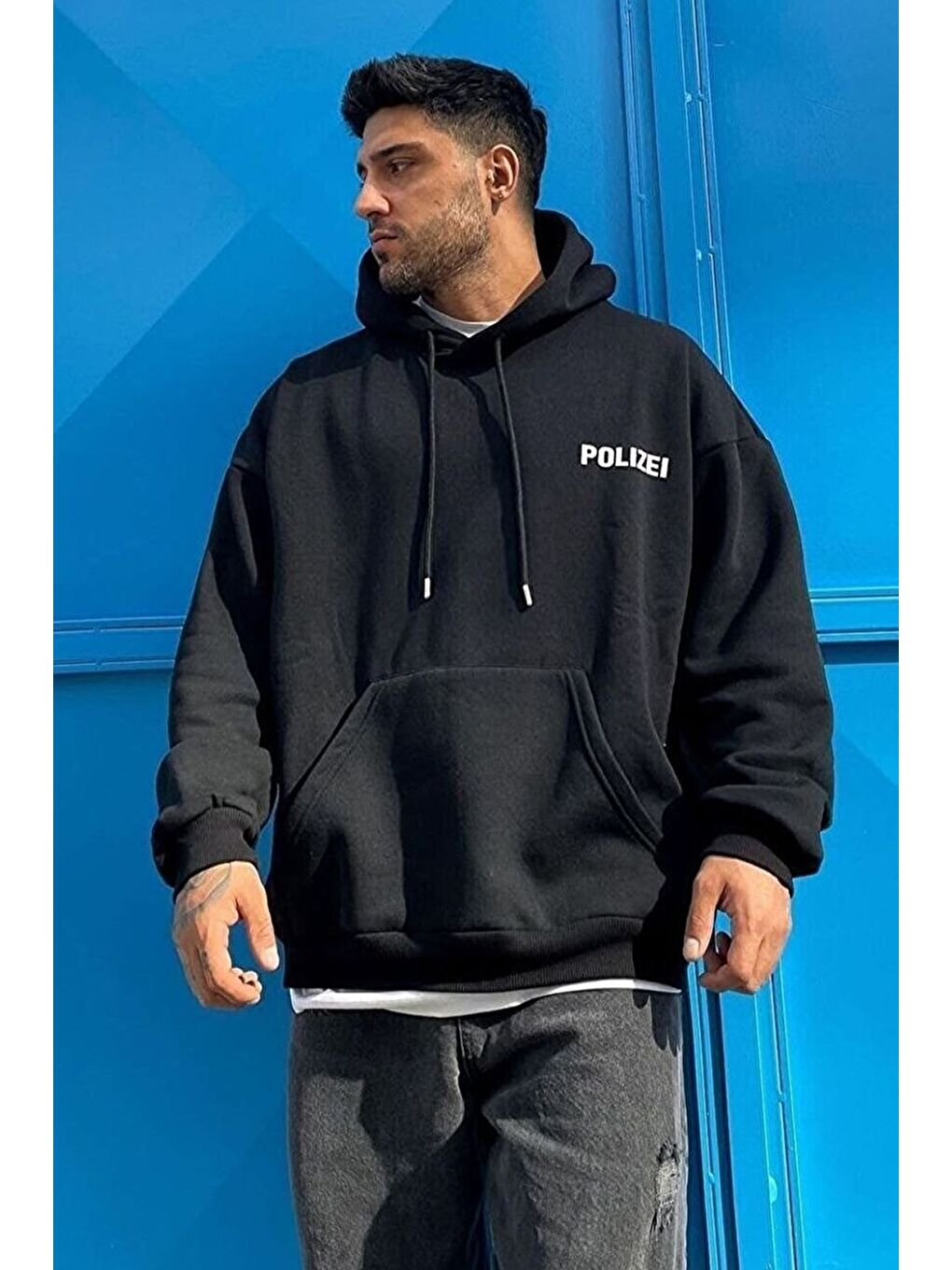 uyguntarz Siyah Unisex Polizei Sırt Baskılı Sweatshirt