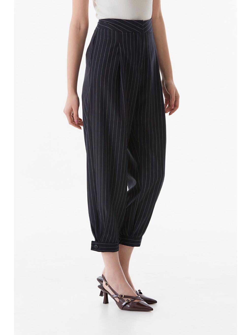 Lacivert Çizgili Paçası Düğmeli Şalvar Pantolon-3