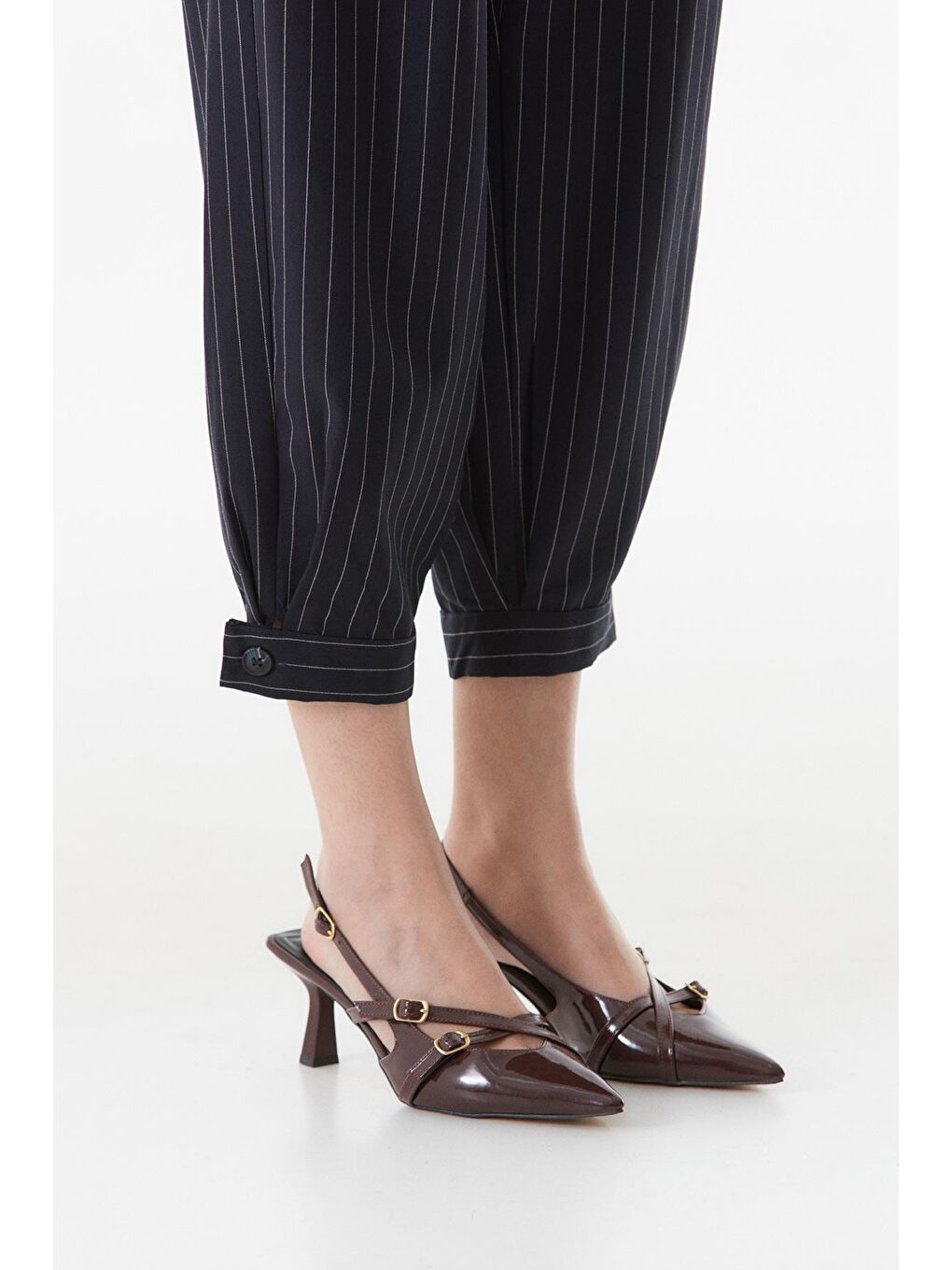 Lacivert Çizgili Paçası Düğmeli Şalvar Pantolon-4