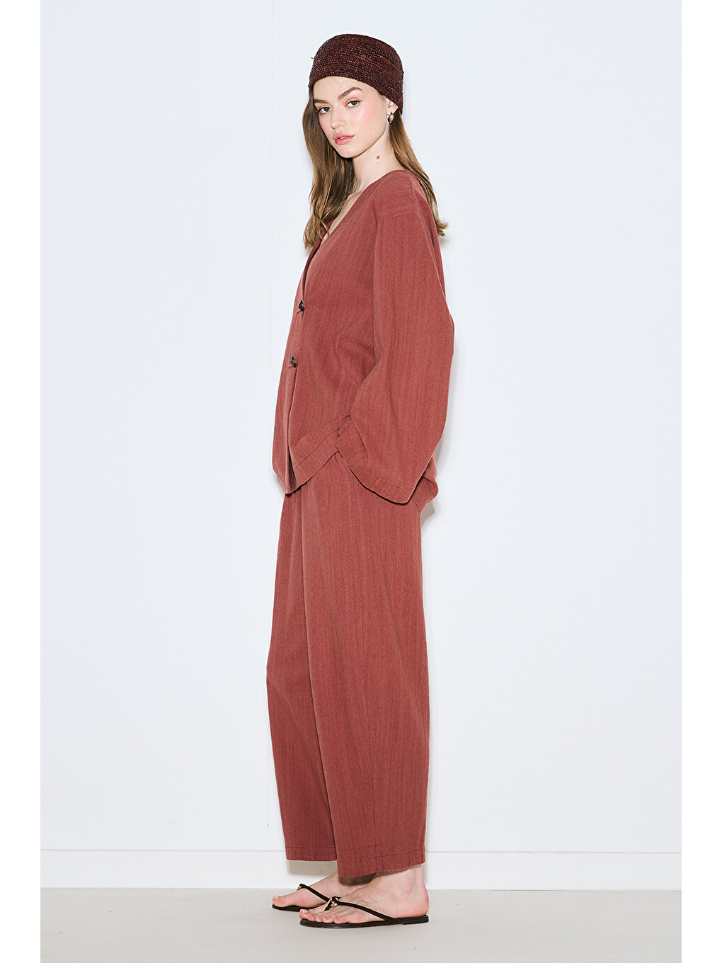 Kahverengi Rustik Düğmeli Kimono Kiremit-6