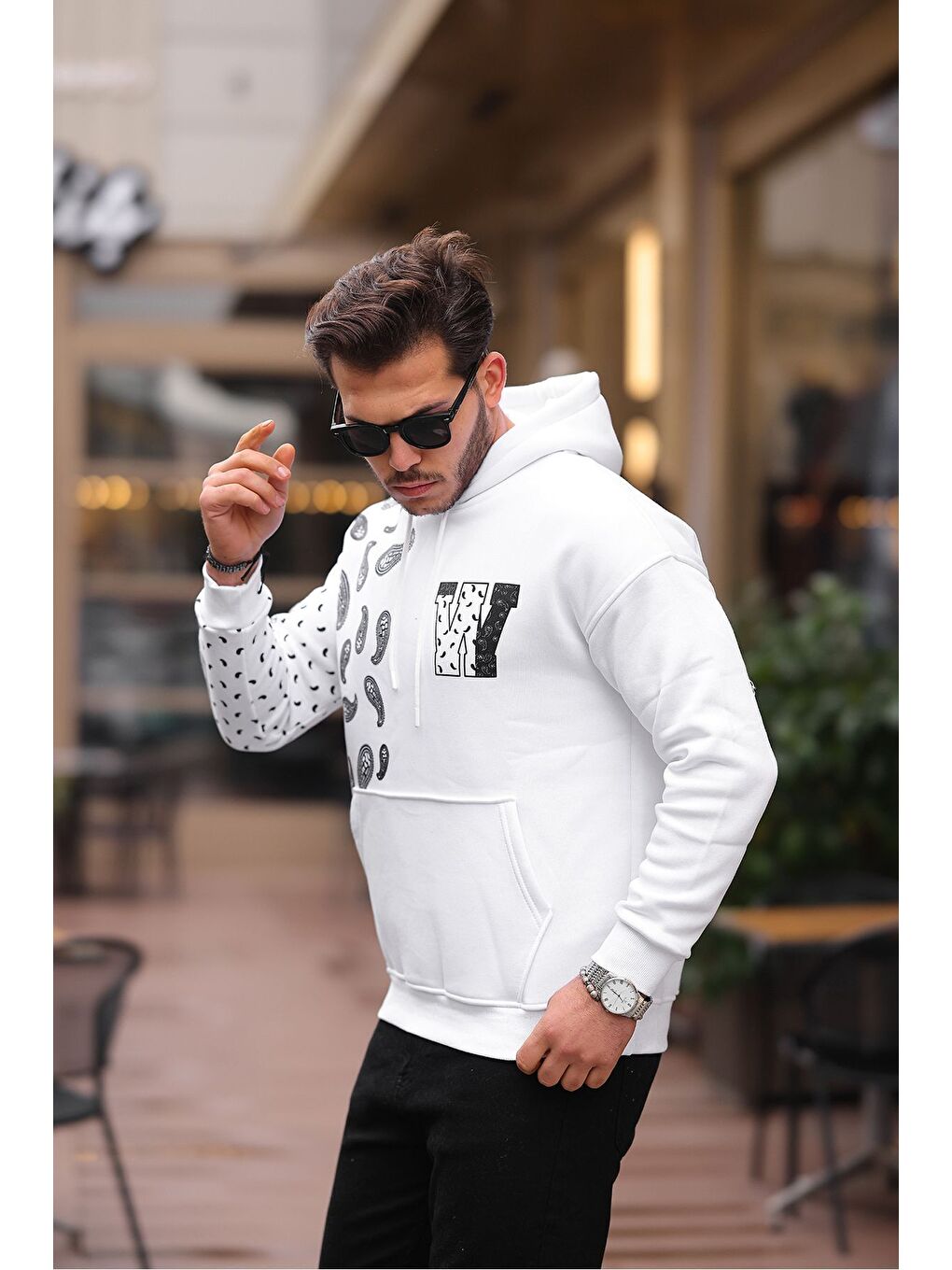 Beyaz Kol Baskılı Kapüşonlu Sweatshirt-2