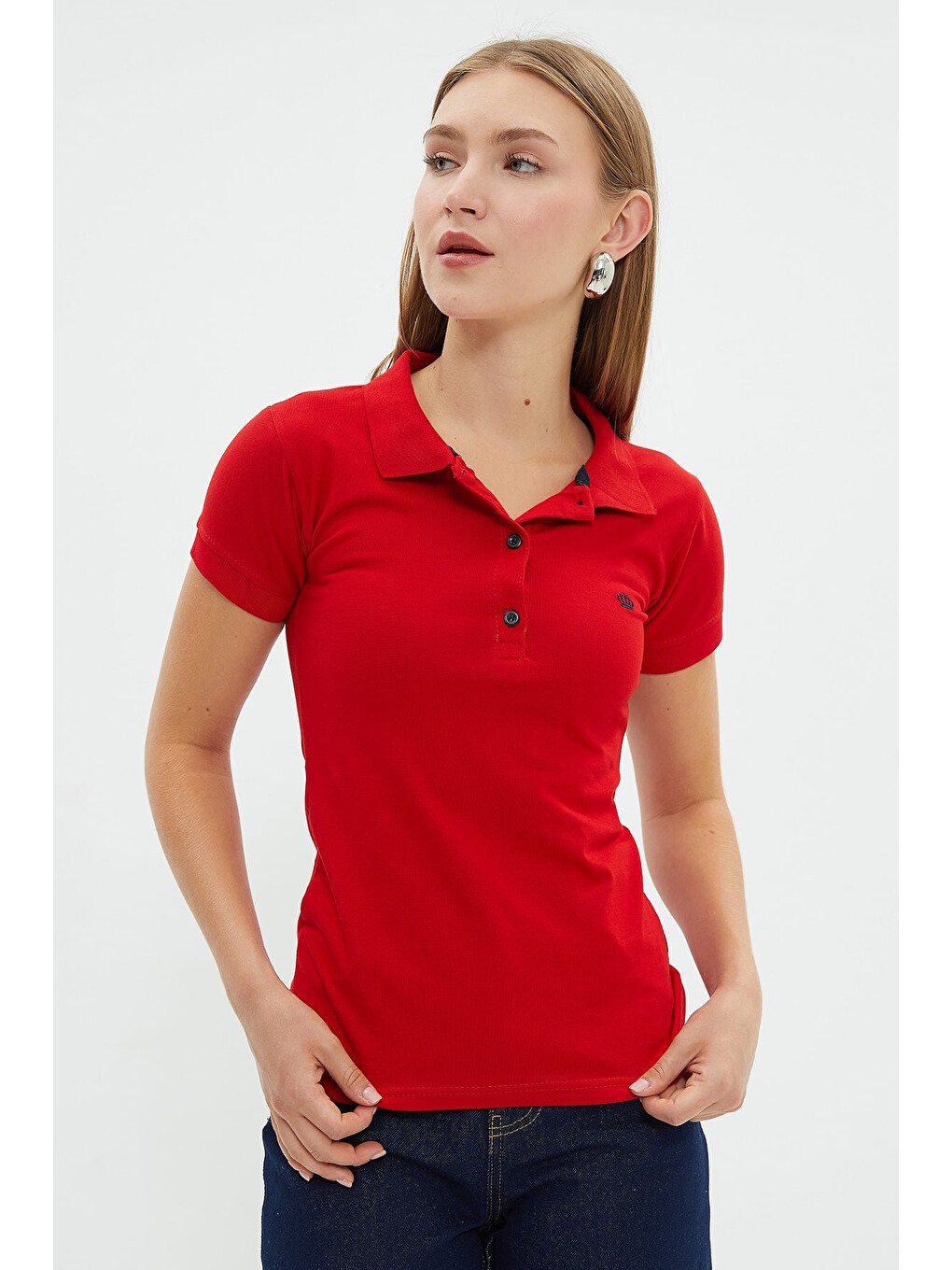Kırmızı Nakışlı Polo Yaka Slim Fit Tişört-1
