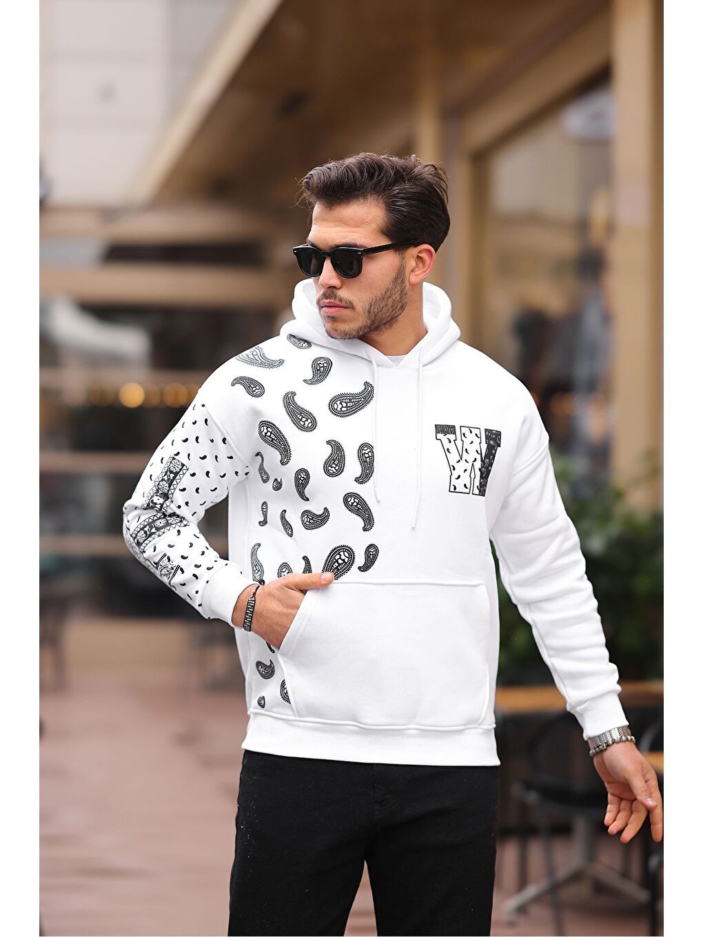 Beyaz Kol Baskılı Kapüşonlu Sweatshirt-3