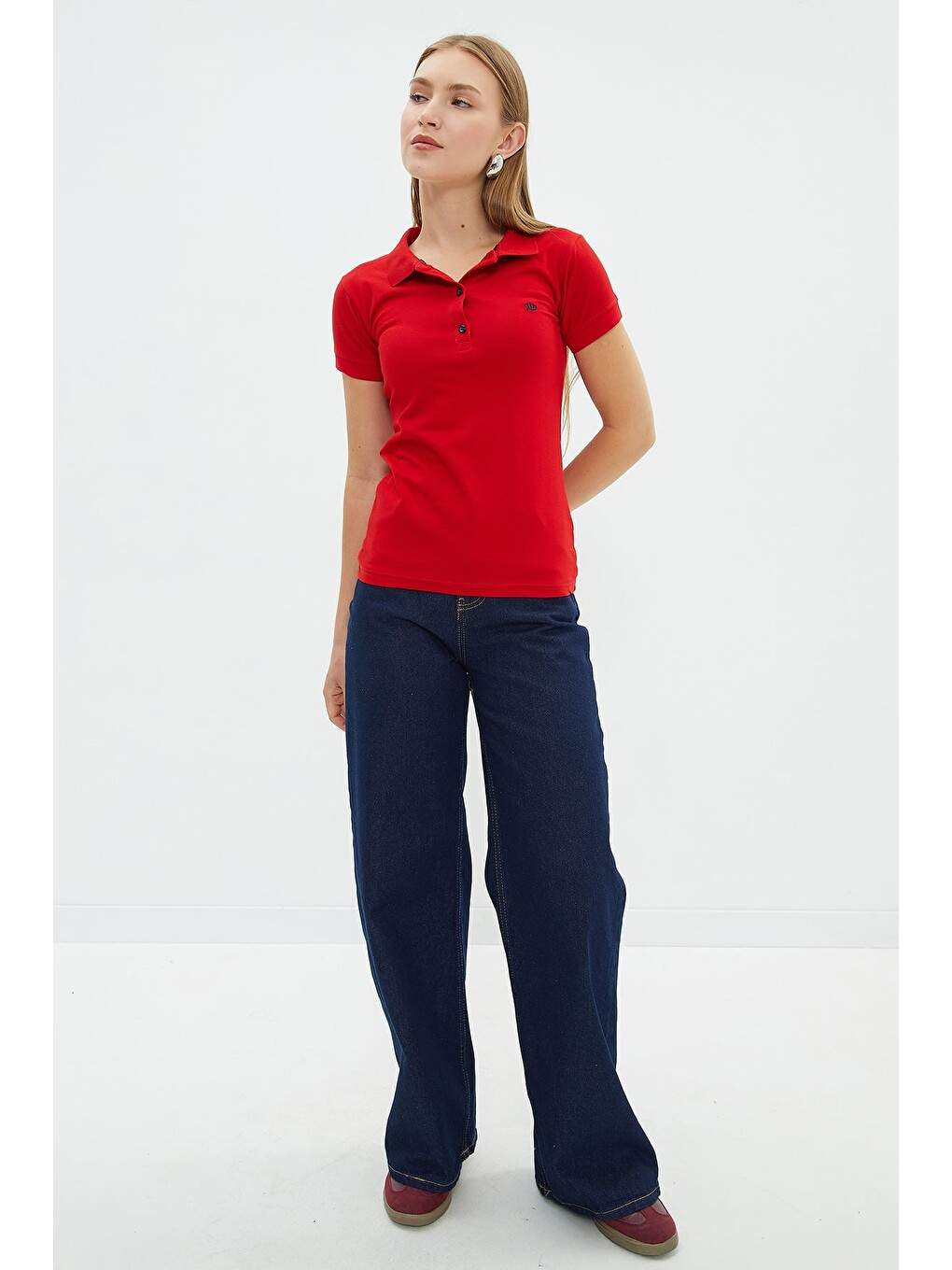 Kırmızı Nakışlı Polo Yaka Slim Fit Tişört-2