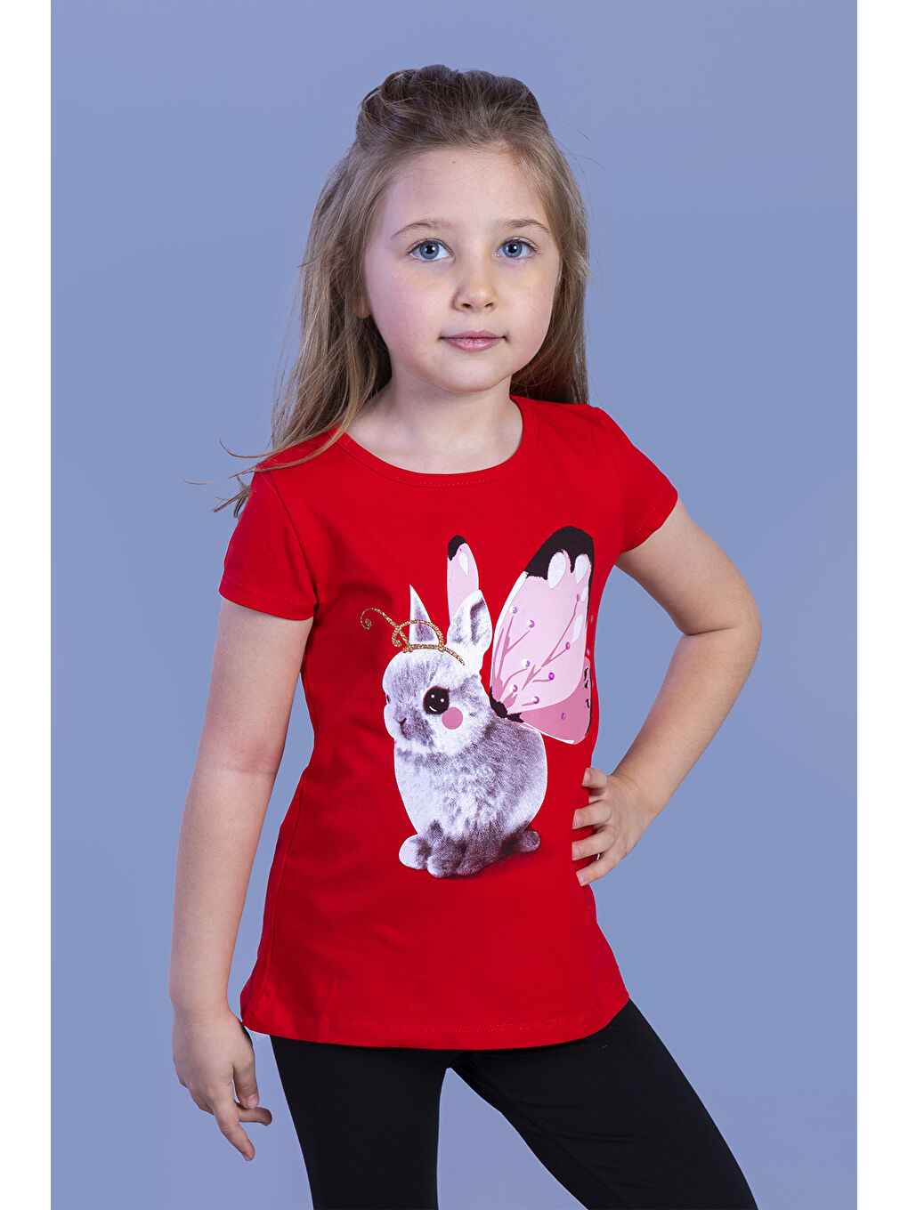 Kırmızı Kız Çocuk Tavşan Baskılı Pul İşlemeli Tişört