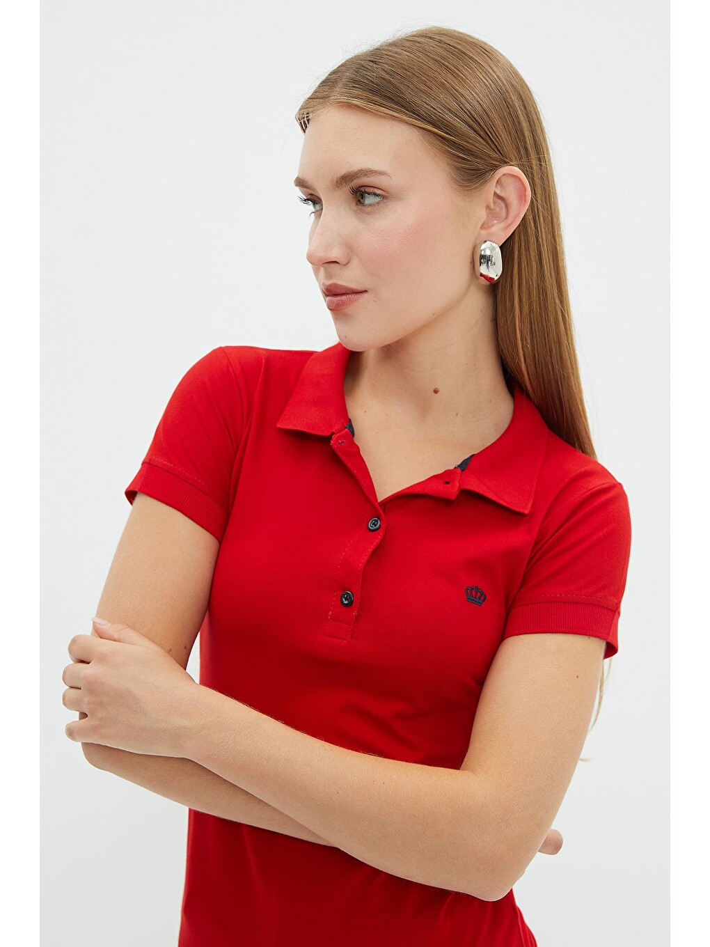 Kırmızı Nakışlı Polo Yaka Slim Fit Tişört-4