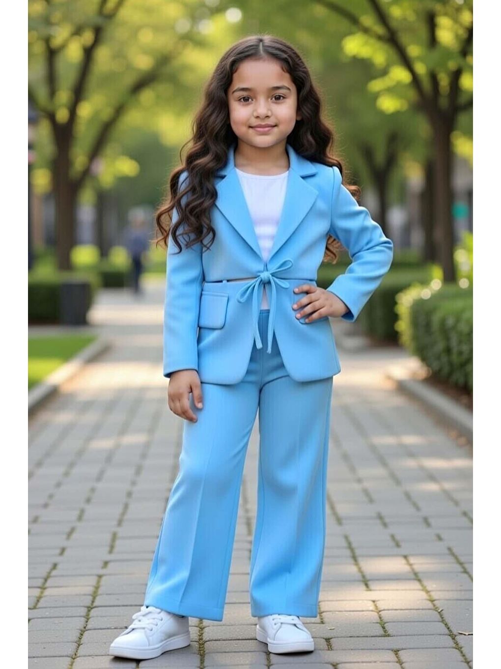 Kız Çocuk Cep ve Yırtmaç Detay Blazer Ceket Penye T-Shirt ve Bol Kesim Pantolon Mavi Alt Üst Takım-1