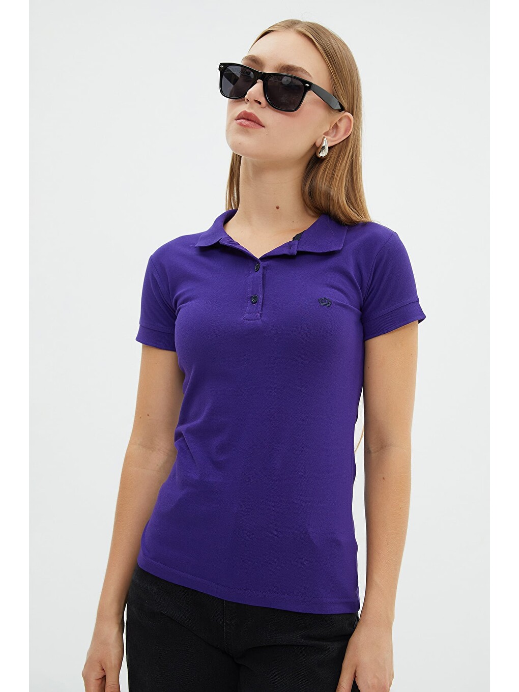 Mor Nakışlı Polo Yaka Slim Fit Tişört