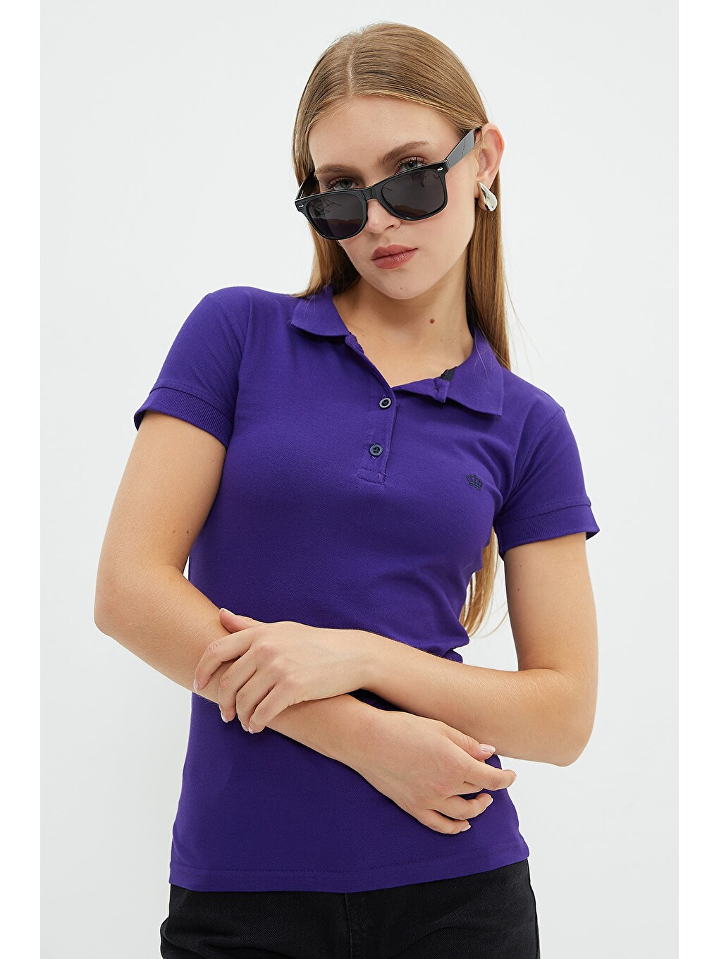 Mor Nakışlı Polo Yaka Slim Fit Tişört-1