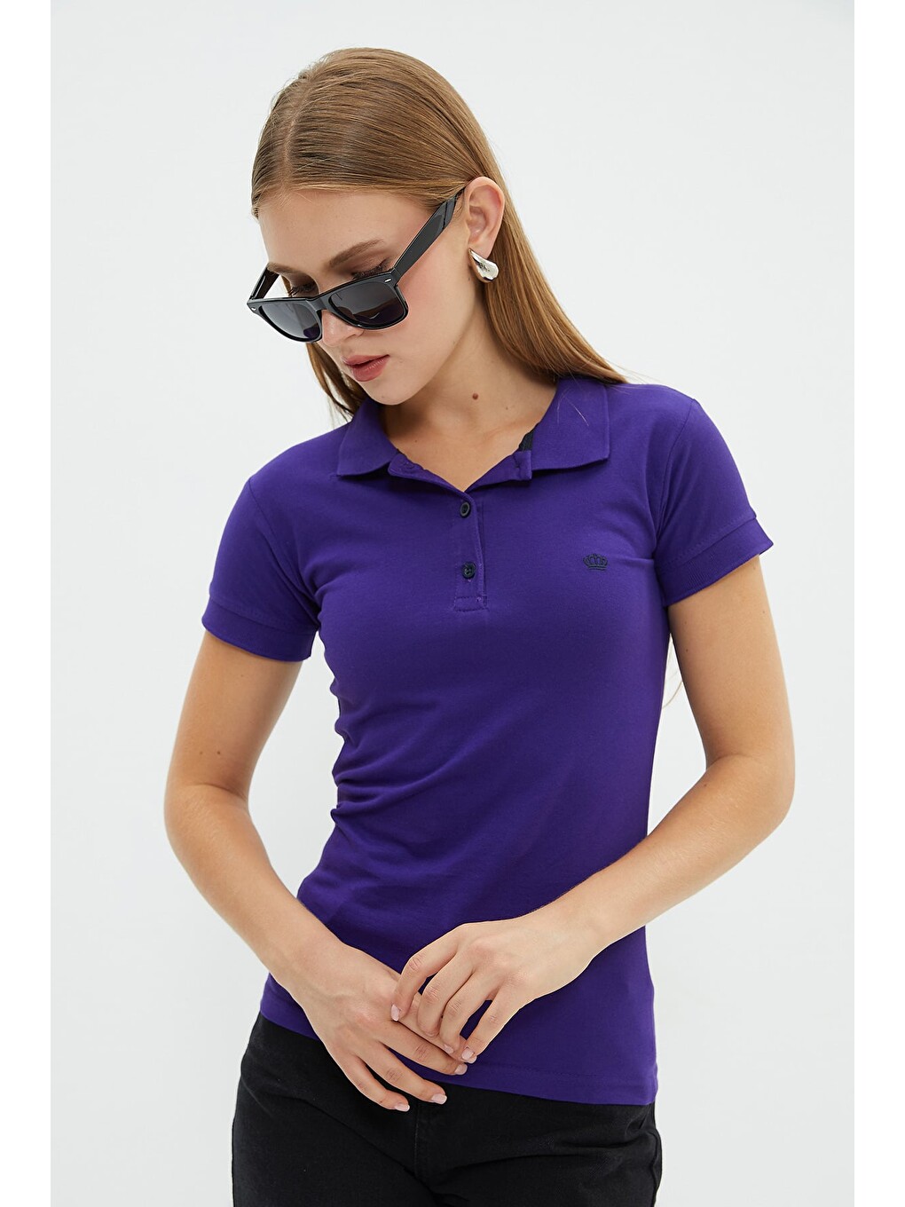Mor Nakışlı Polo Yaka Slim Fit Tişört-2