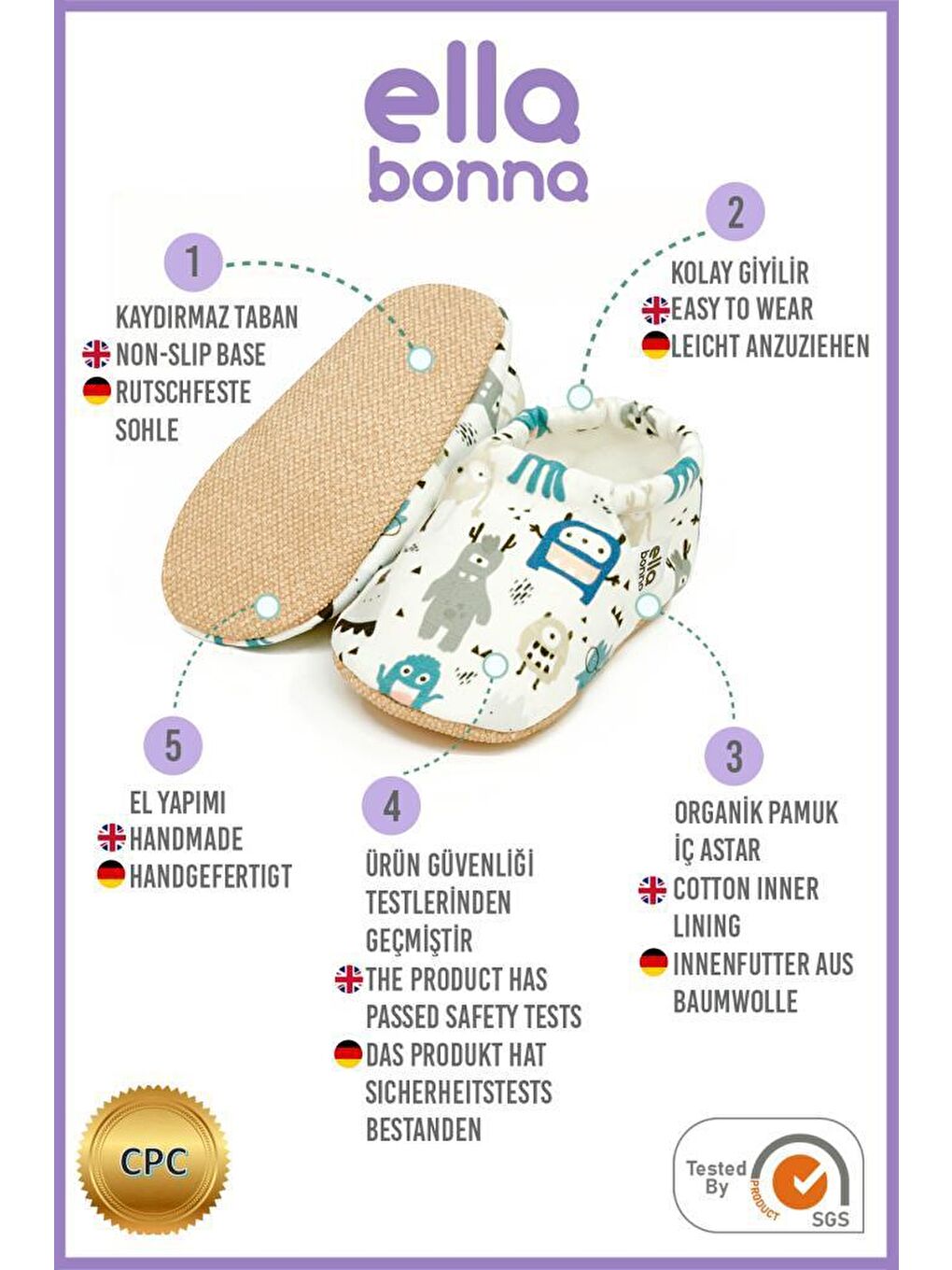 Ella Bonna Beyaz-Açık Gri-Koyu Mavi Kaydırmaz Taban, Sevimli Canavarlar Bebek Patik, Ev Botu Terliği, Kreş Ayakkabısı Panduf - 4