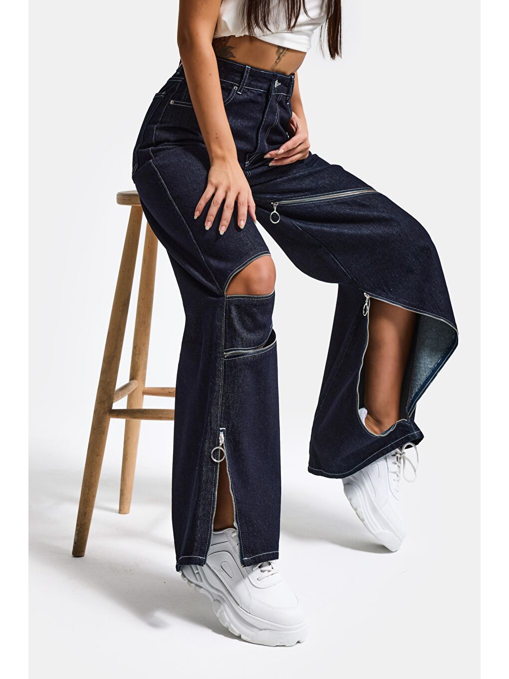 Kadın İndigo Selvedge 7s6-50 Süper Baggy Fit Fermuar Detaylı Özel Tasarım Denim Jean-2