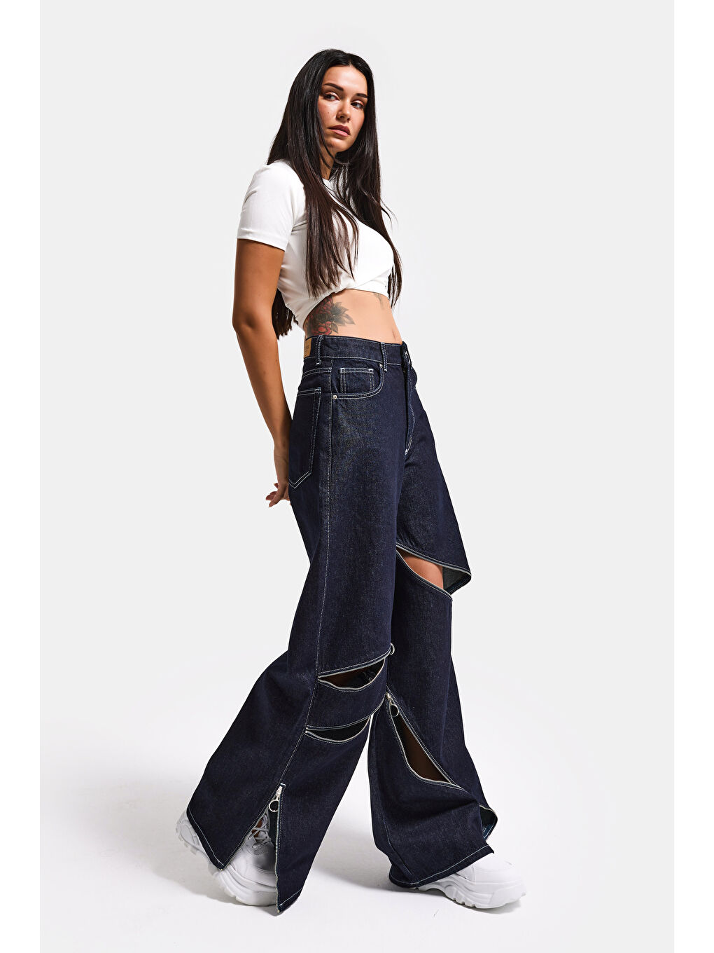Kadın İndigo Selvedge 7s6-50 Süper Baggy Fit Fermuar Detaylı Özel Tasarım Denim Jean-3