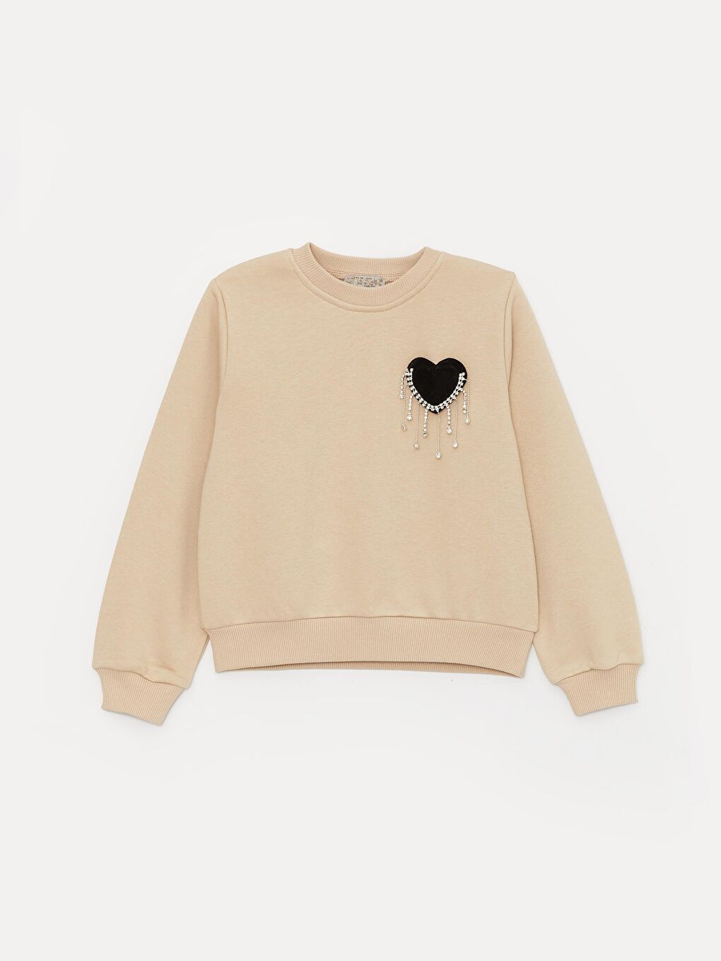 Bej Kız Çocuk Kalp Broşlu Beli Lastikli SweatShirt