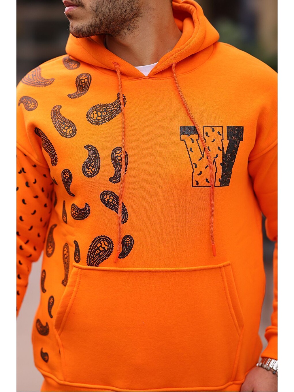Turuncu Kol Baskılı Kapüşonlu Sweatshirt-1