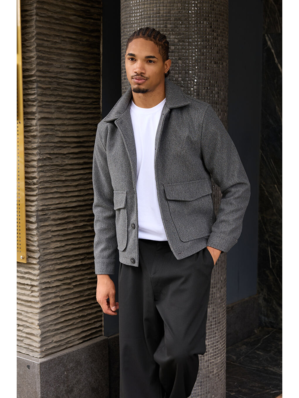 Erkek Gömlek Yaka Düğmeli Kaşe Mont Ceket Gri