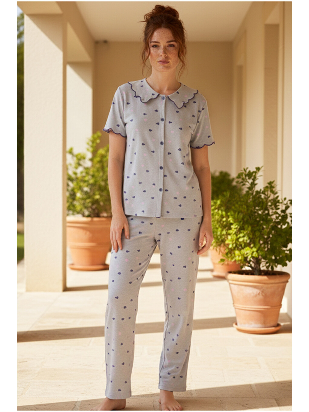 Gri Kalp Desenli Yakalı Düğmeli Fitilli Kaşkorse Örme Pijama Takım 26120503-1