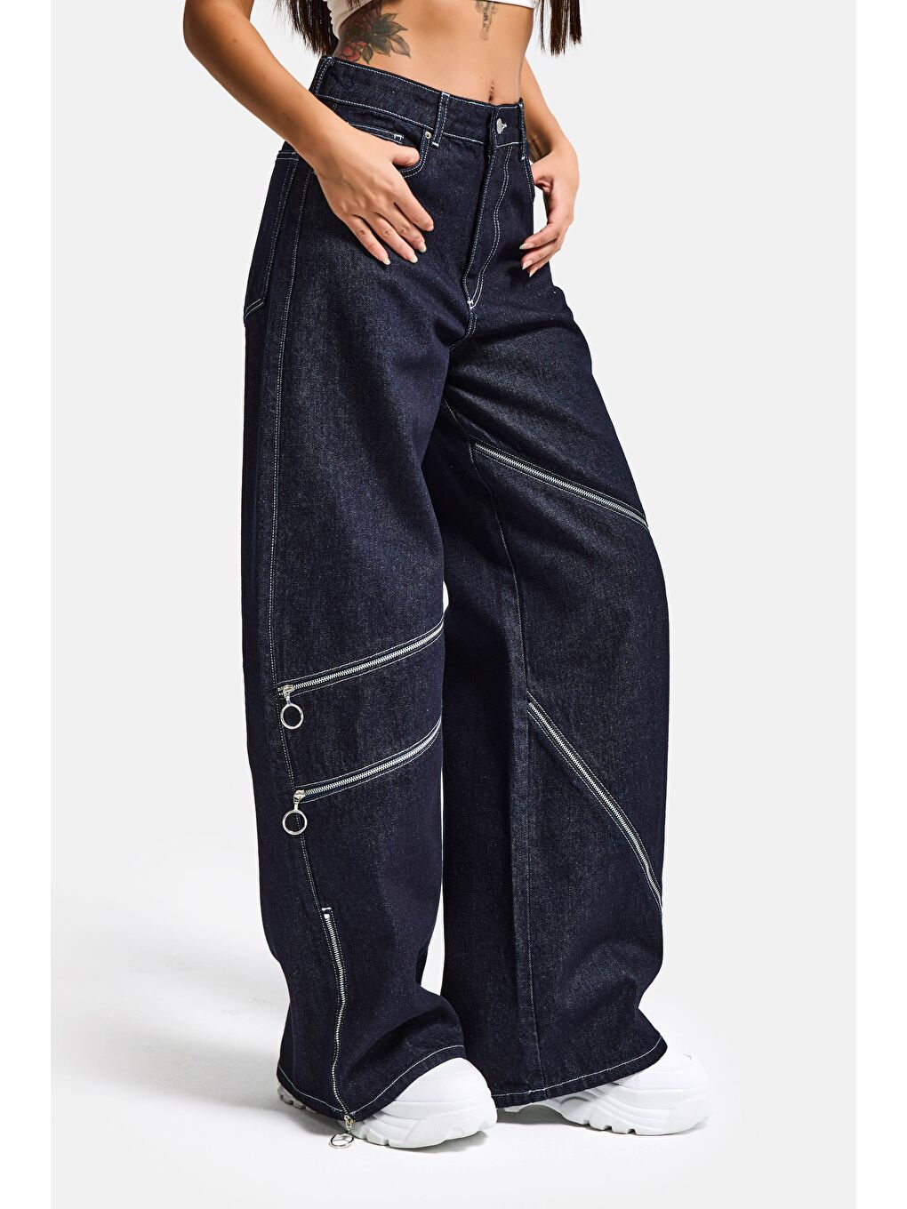 Kadın İndigo Selvedge 7s6-50 Süper Baggy Fit Fermuar Detaylı Özel Tasarım Denim Jean-6