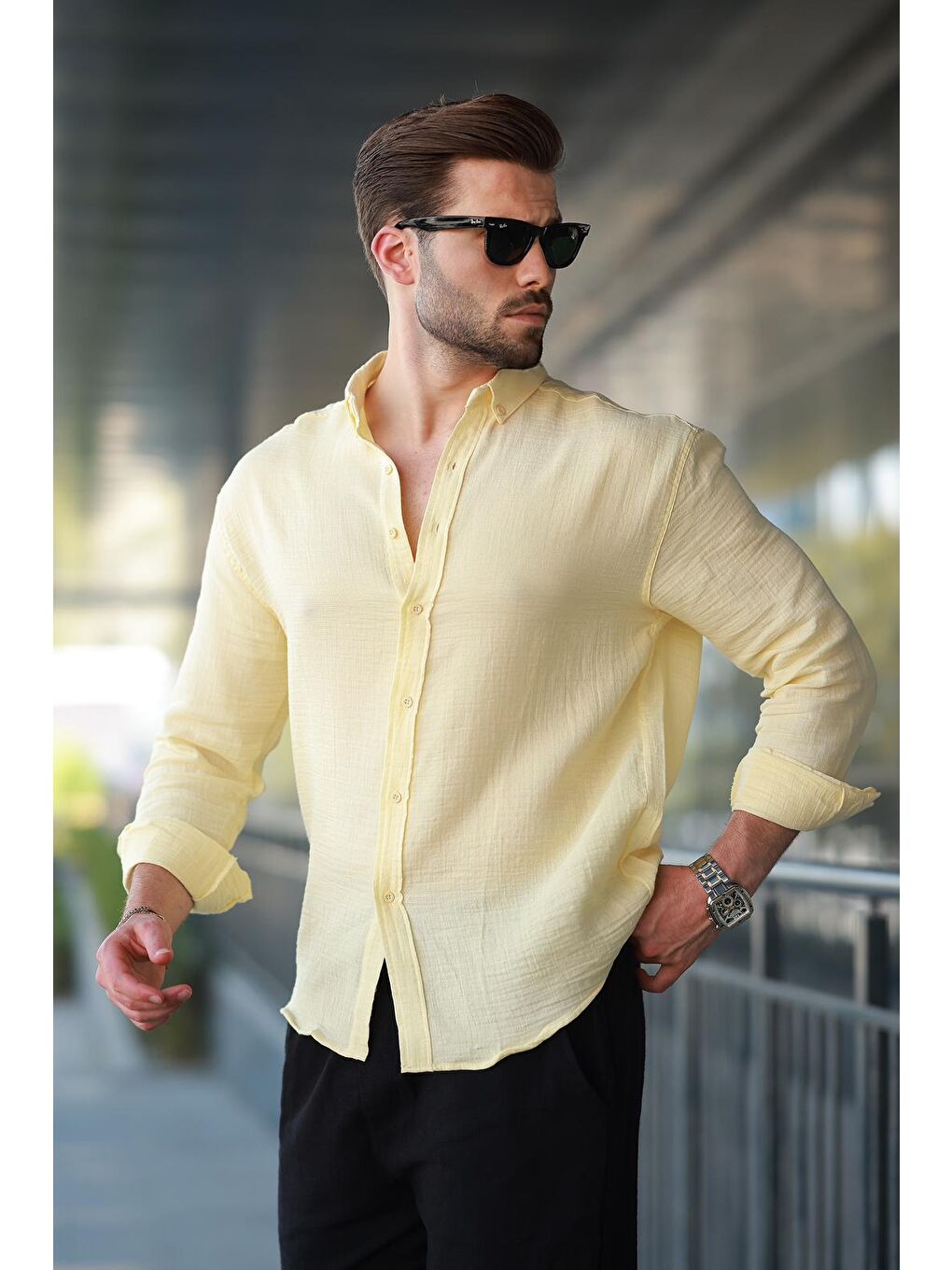Sarı Basic %100 Pamuklu Uzun Kollu Erkek Gömlek E6761