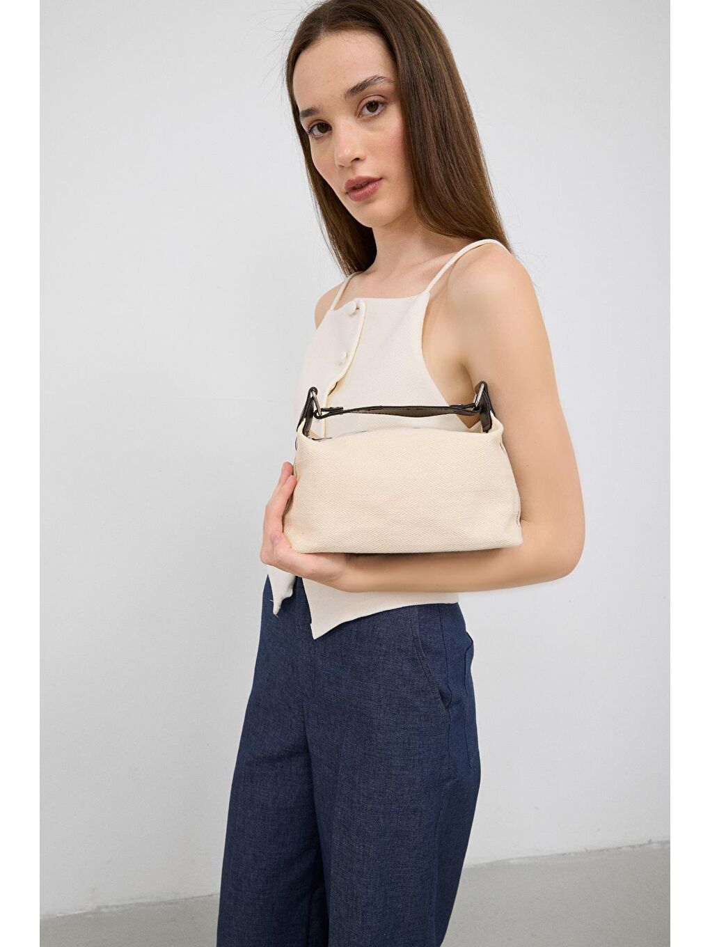 Elu Kanvas El Ve Çapraz Çanta Kahverengi-1