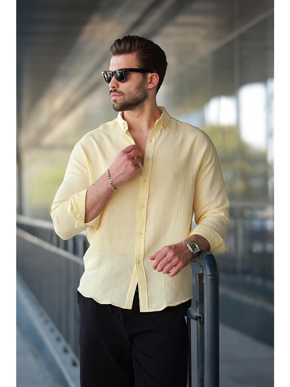 Sarı Basic %100 Pamuklu Uzun Kollu Erkek Gömlek E6761-1