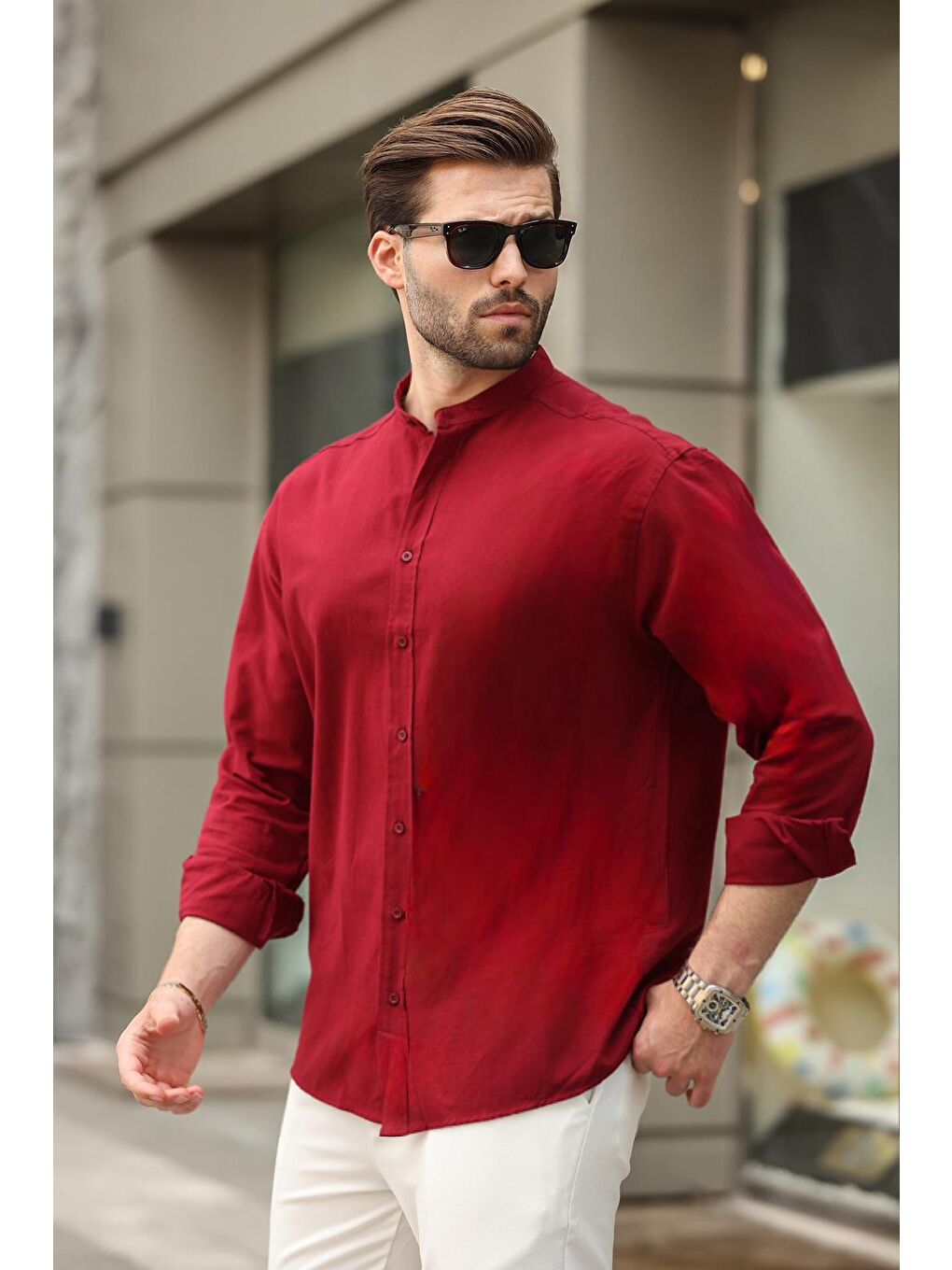 Bordo Hakim Yaka Keten Görünümlü Pamuklu Uzun Kollu Erkek %100 Pamuk Gömlek 6745