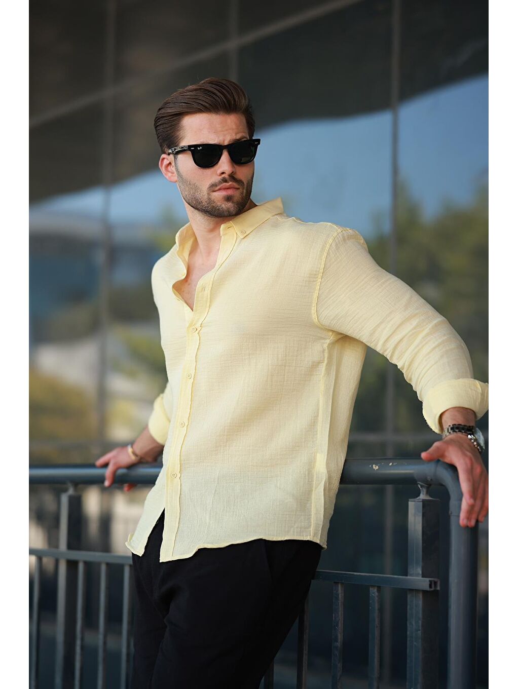 Sarı Basic %100 Pamuklu Uzun Kollu Erkek Gömlek E6761-2