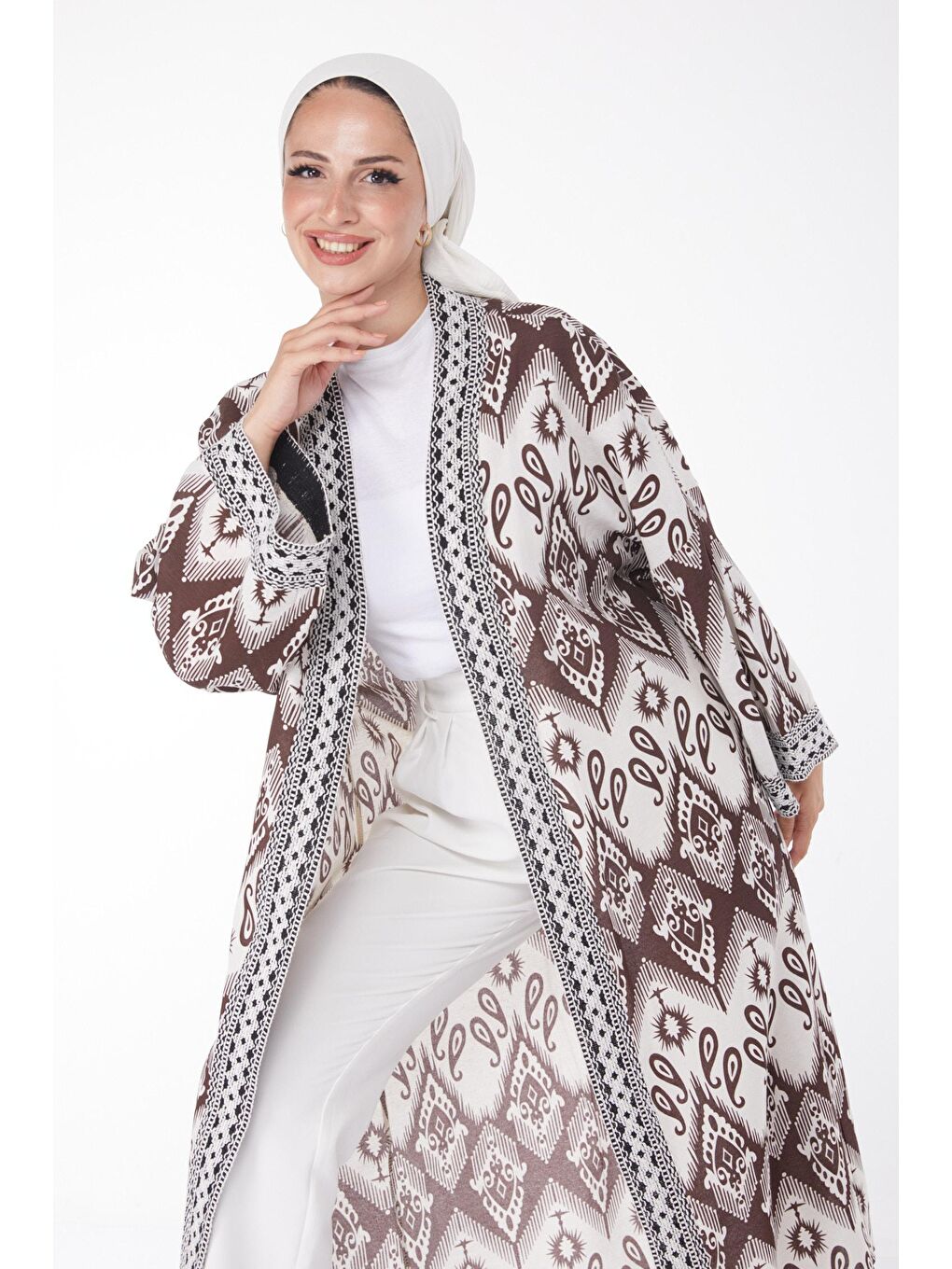 TOFİSA Kahverengi Düz Orta Kadın Kahverengi Desenli Kimono - 13231 - 2