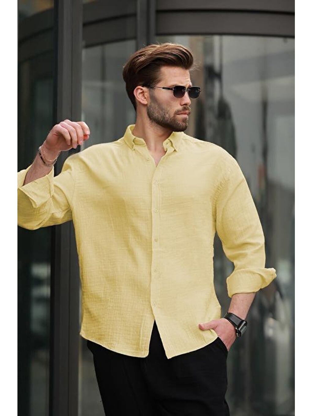 Sarı Basic %100 Pamuklu Uzun Kollu Erkek Gömlek E6761-3
